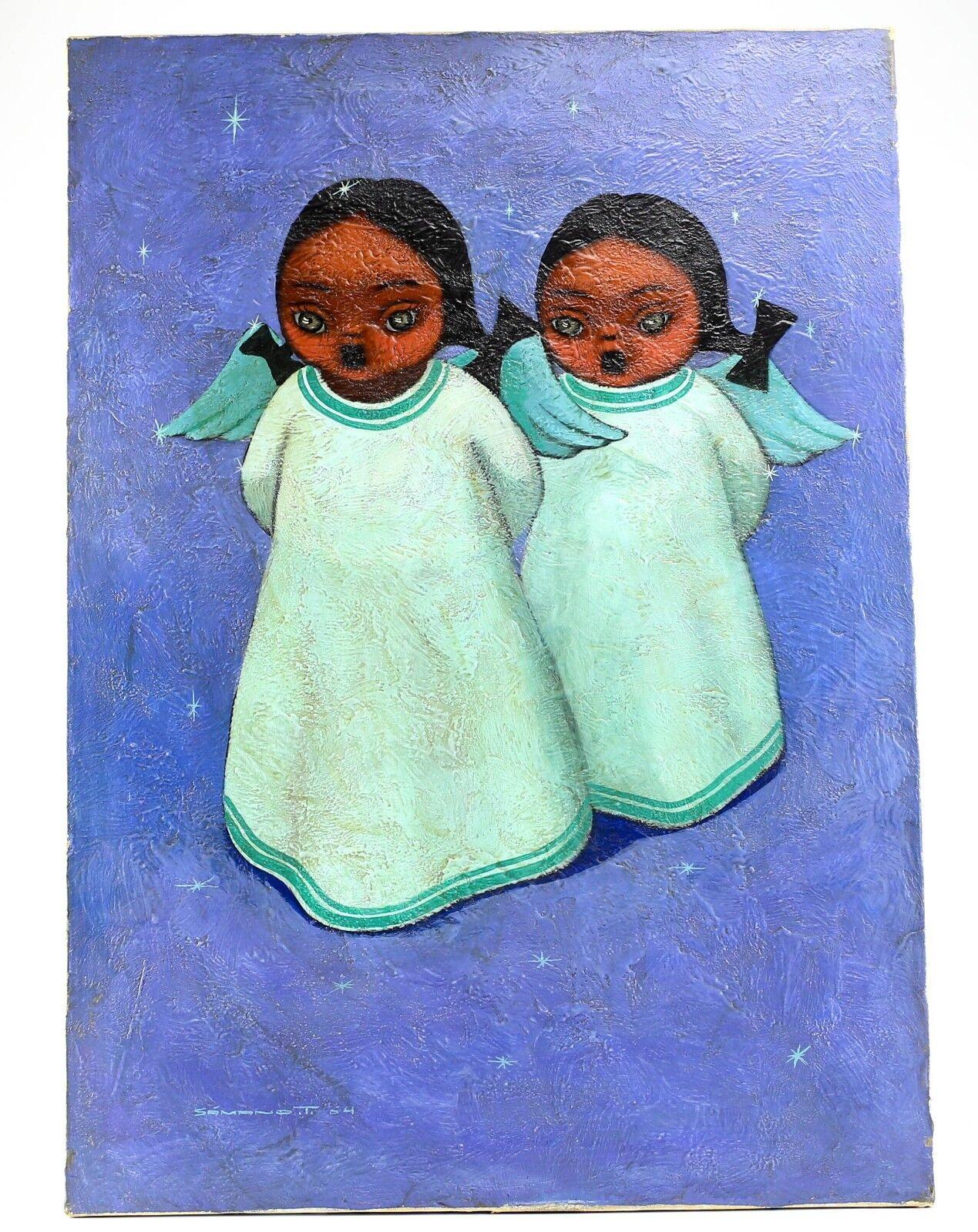 20th Century Oil on Canvas Painting of Two Angel Girls by Jose Samano Torres For Sale