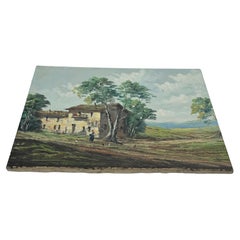 Pintura al óleo sobre lienzo de una escena de granja vienesa, mediados del siglo XX