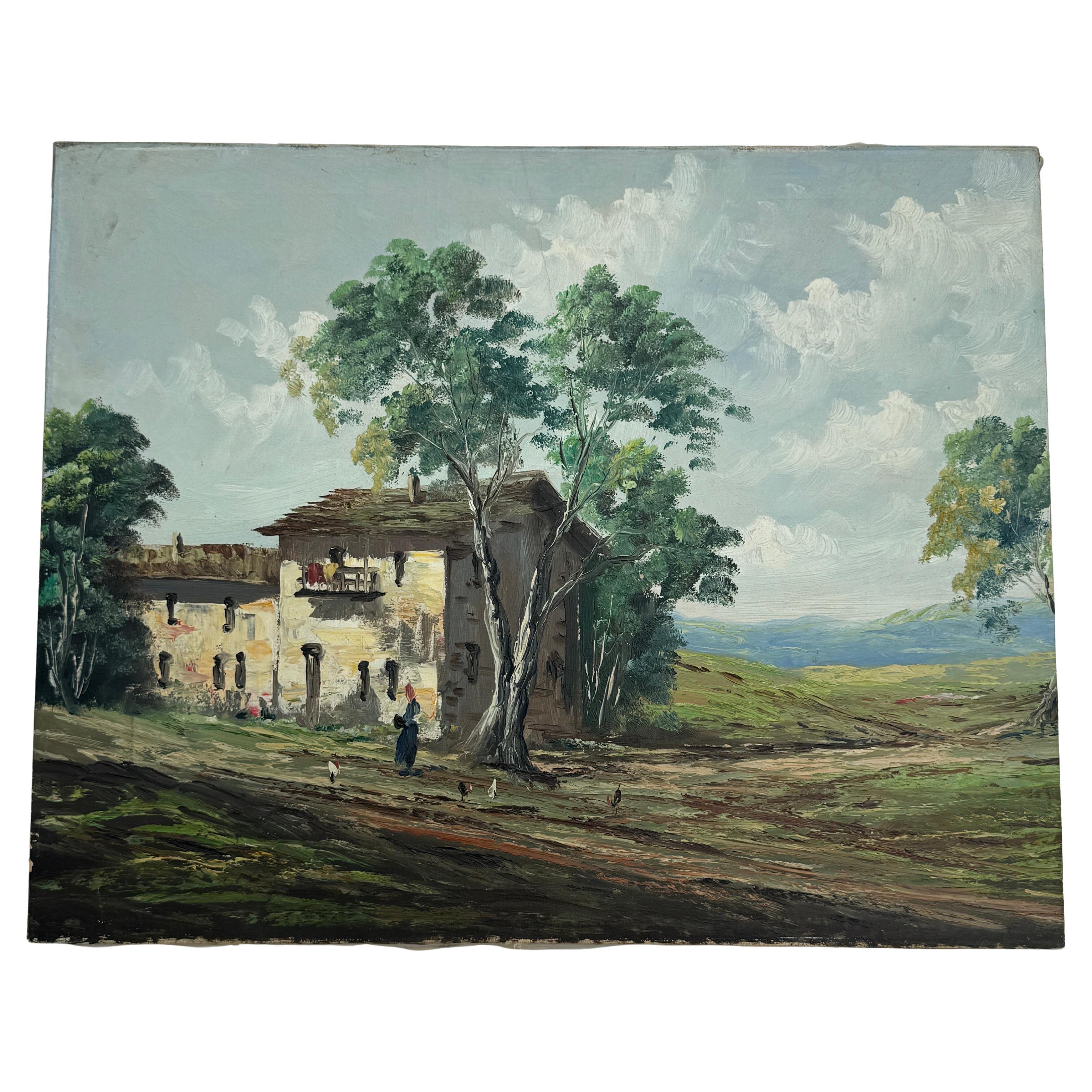 Peinture à l'huile sur toile d'une scène de ferme viennoise, milieu du 20e siècle 