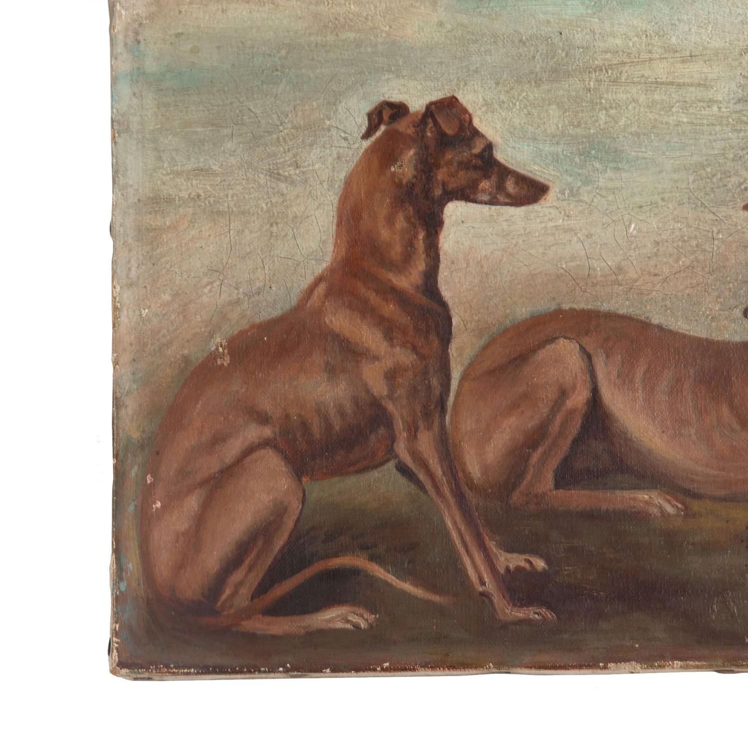 French Oil on Canvas Painting of Whippets