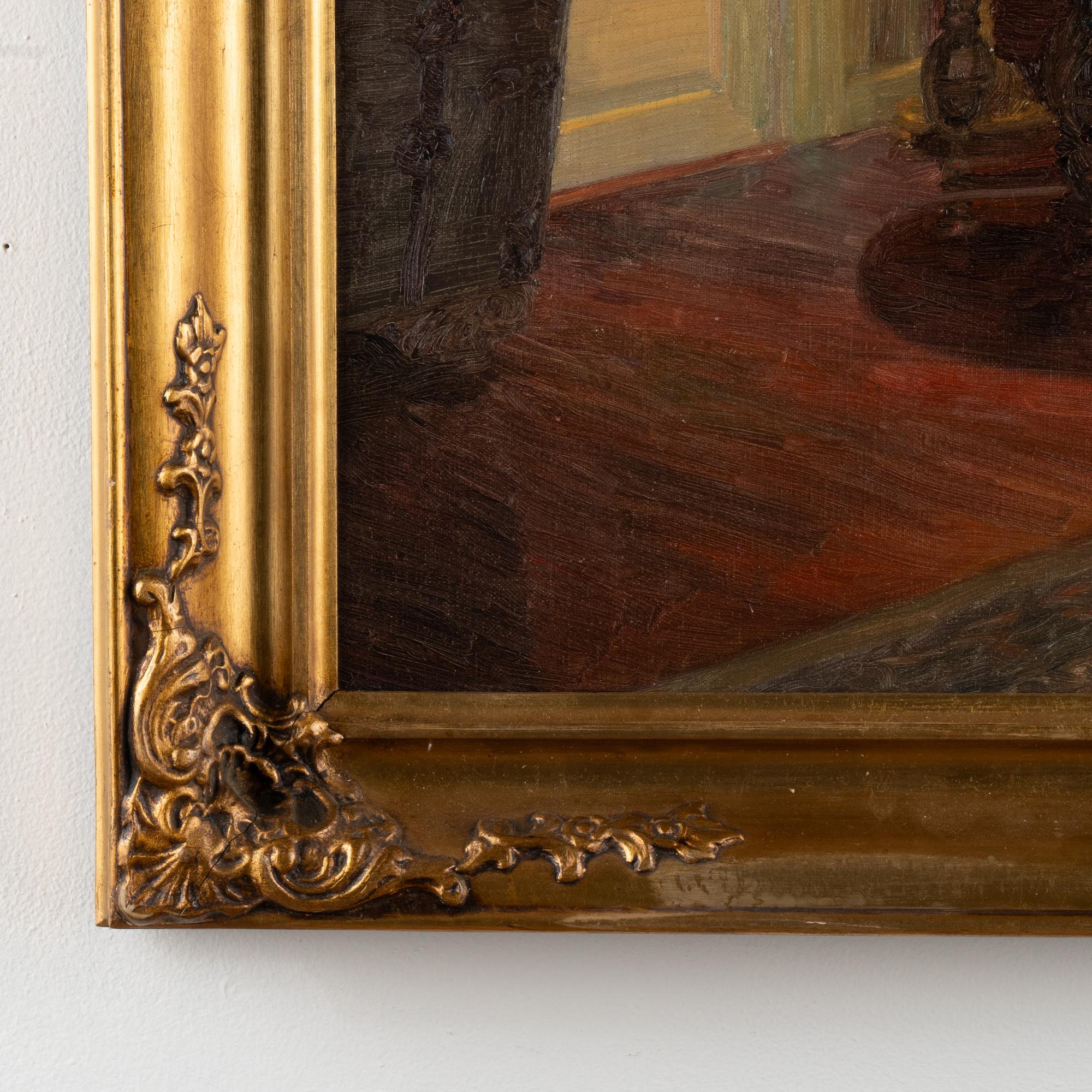 Oil on Canvas Painting of Woman Reading by Lamp, Signed dated Robert Pan '37 5