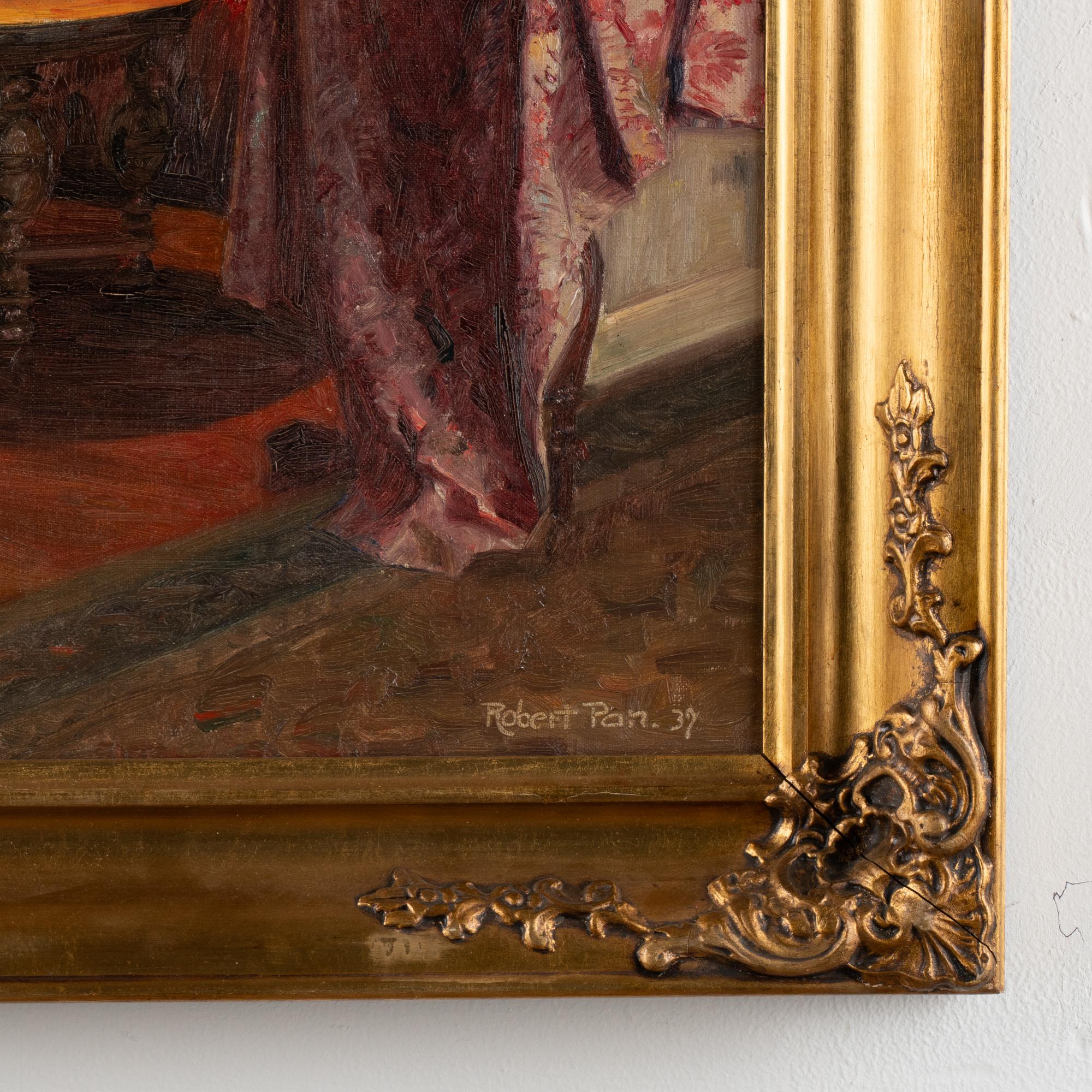 Oil on Canvas Painting of Woman Reading by Lamp, Signed dated Robert Pan '37 6