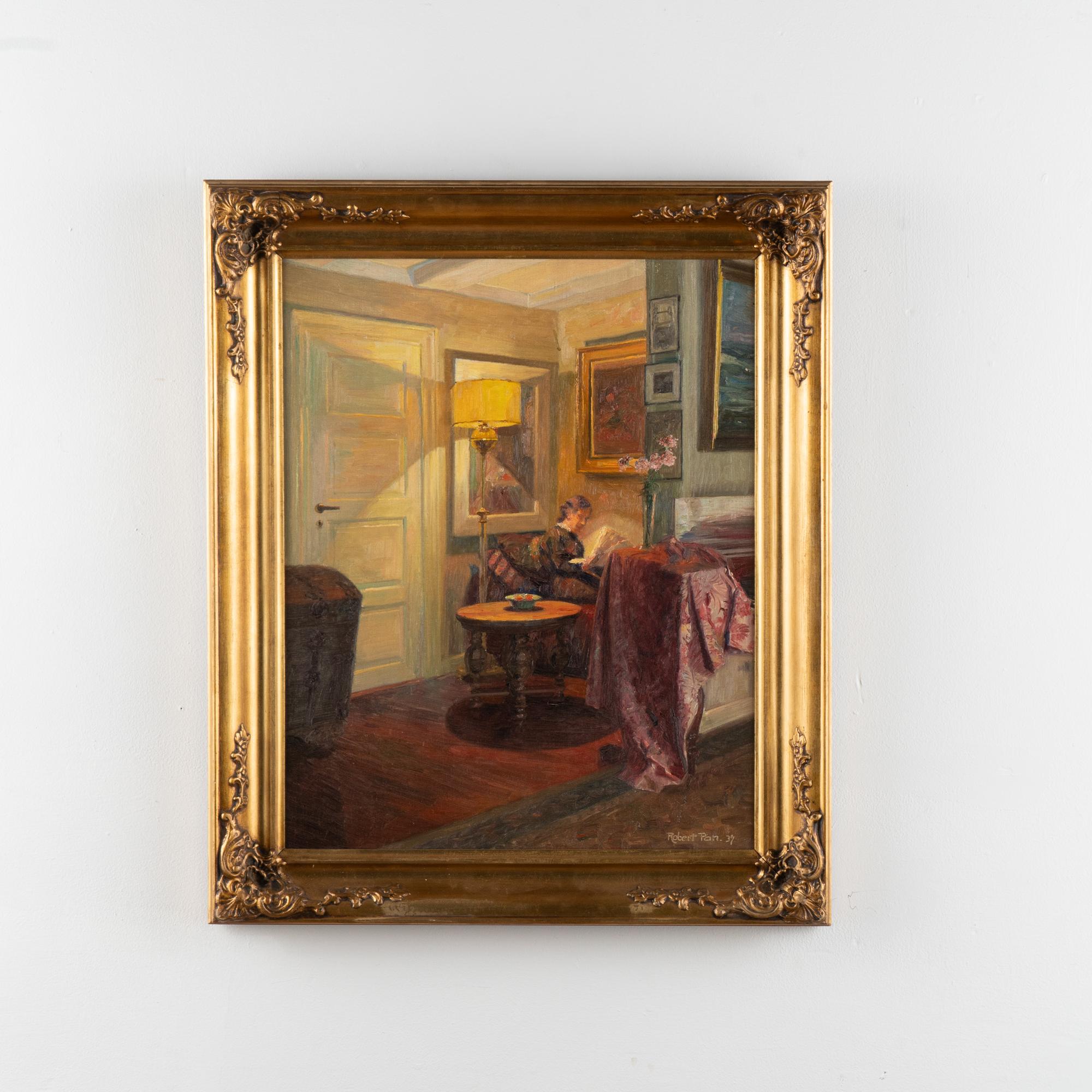 Original oil on canvas painting of interior with a woman reading by the lamp. Signed and dated Robert Pan. 37.
Condition: In need of a light surface cleaning, minor crackles. Minor scratches/scuffs to frame; old repairs to decorative corners where