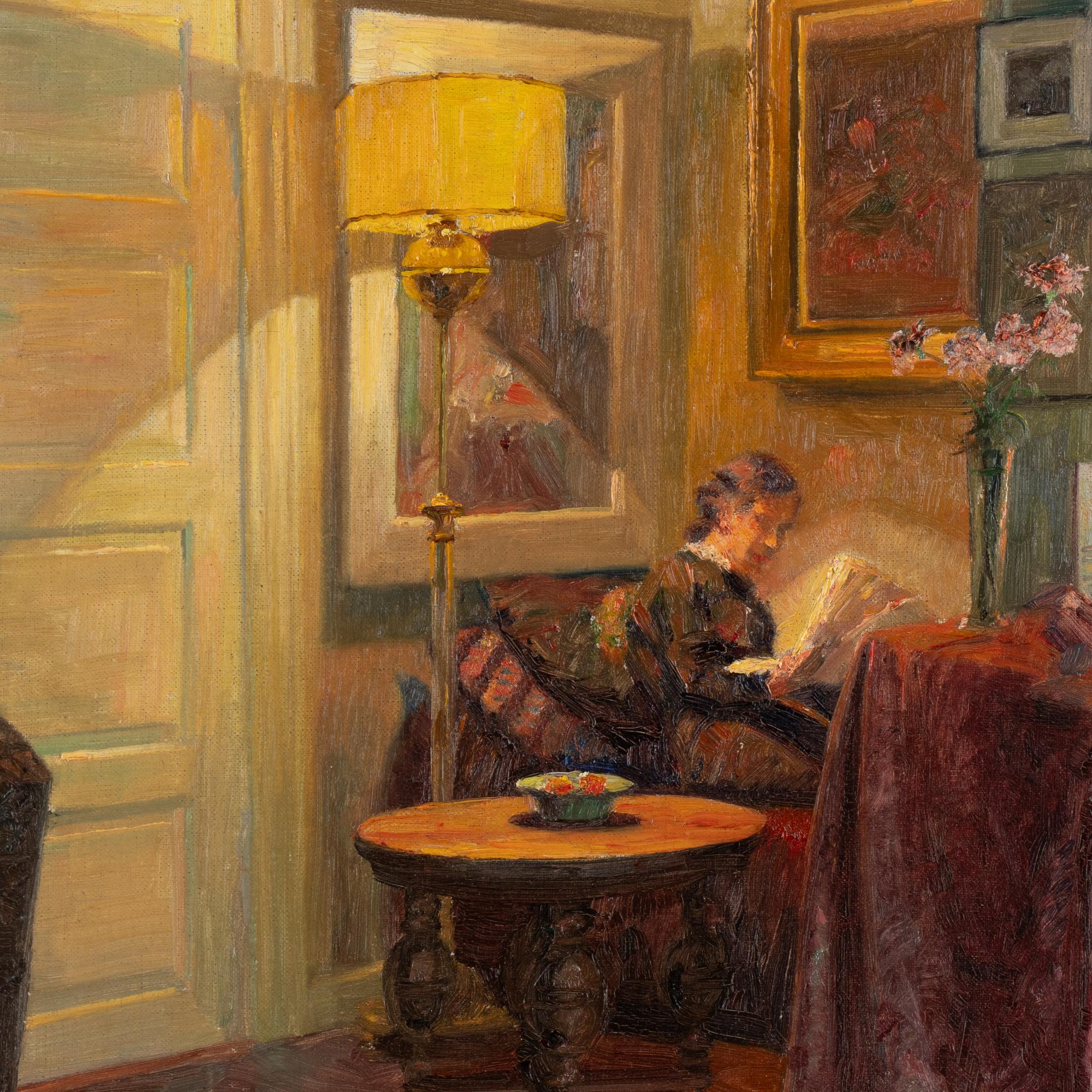 20th Century Oil on Canvas Painting of Woman Reading by Lamp, Signed dated Robert Pan '37