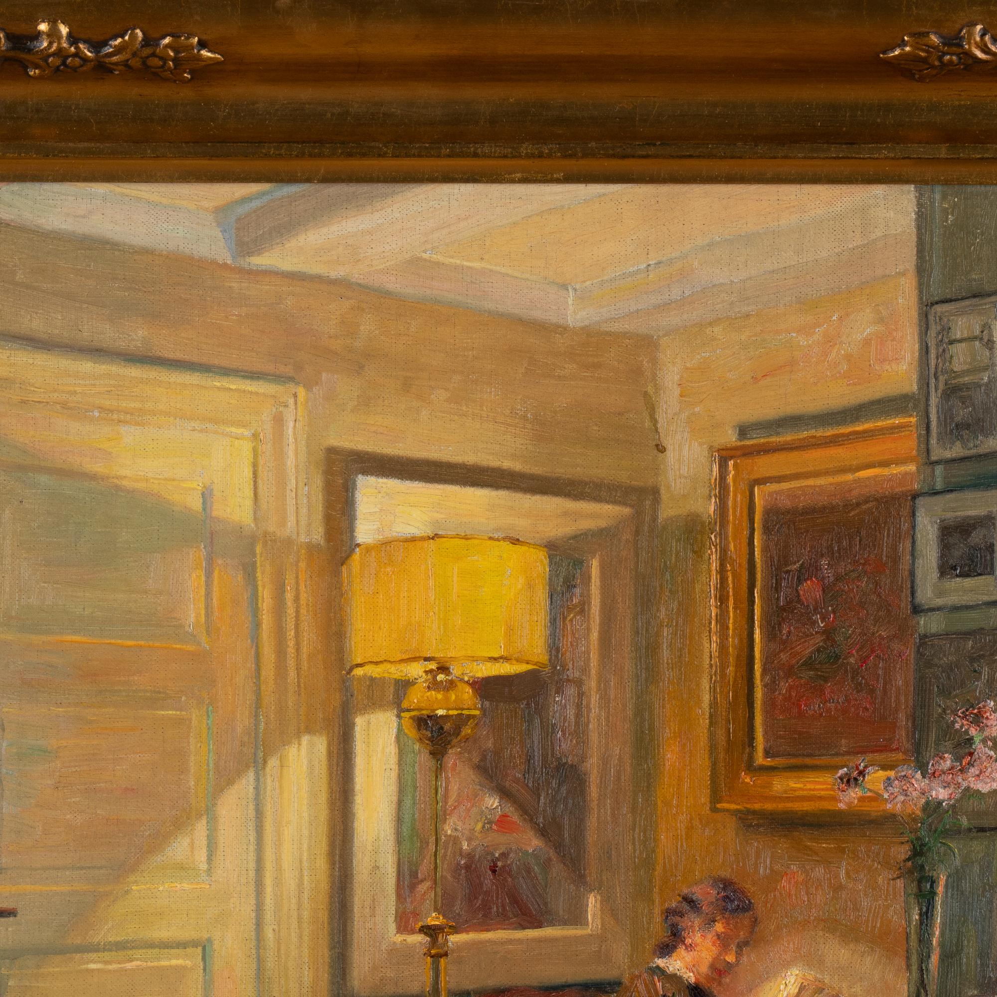 Oil on Canvas Painting of Woman Reading by Lamp, Signed dated Robert Pan '37 1
