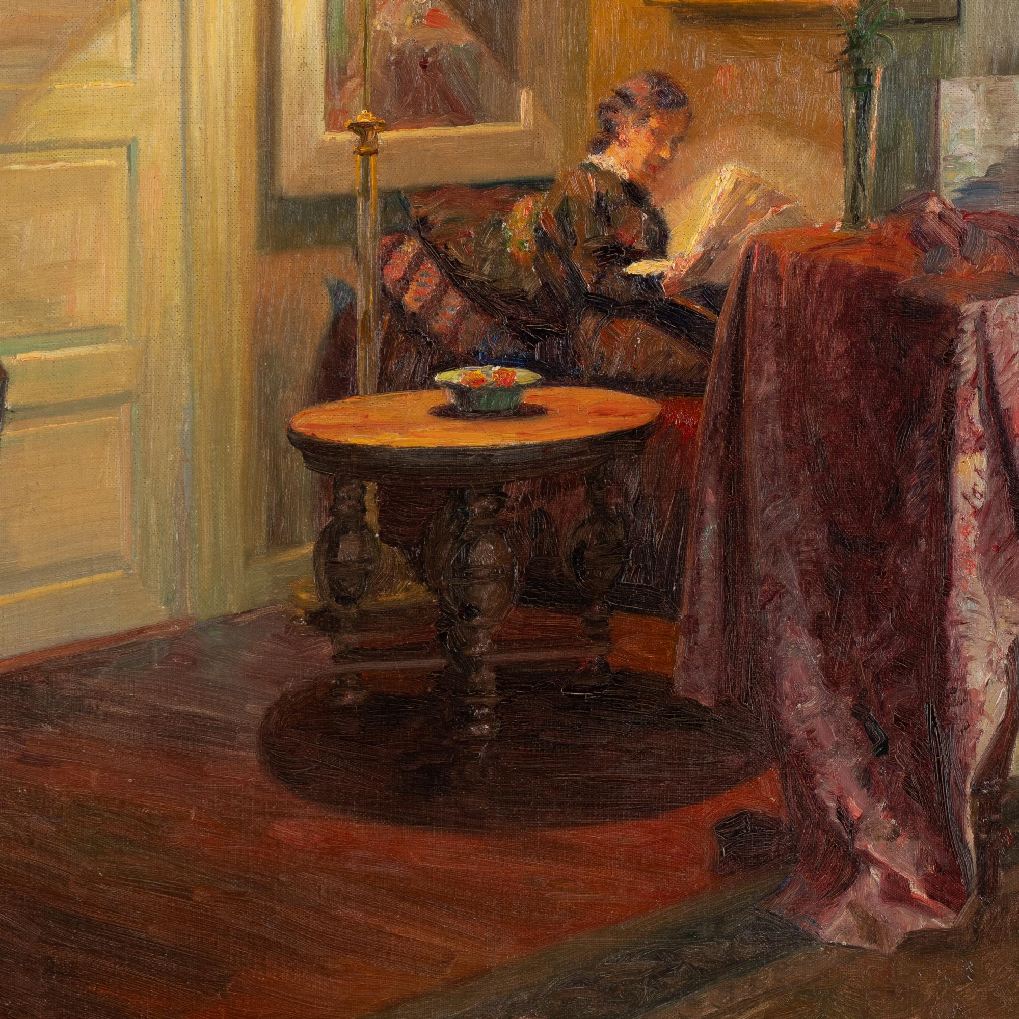 Oil on Canvas Painting of Woman Reading by Lamp, Signed dated Robert Pan '37 3