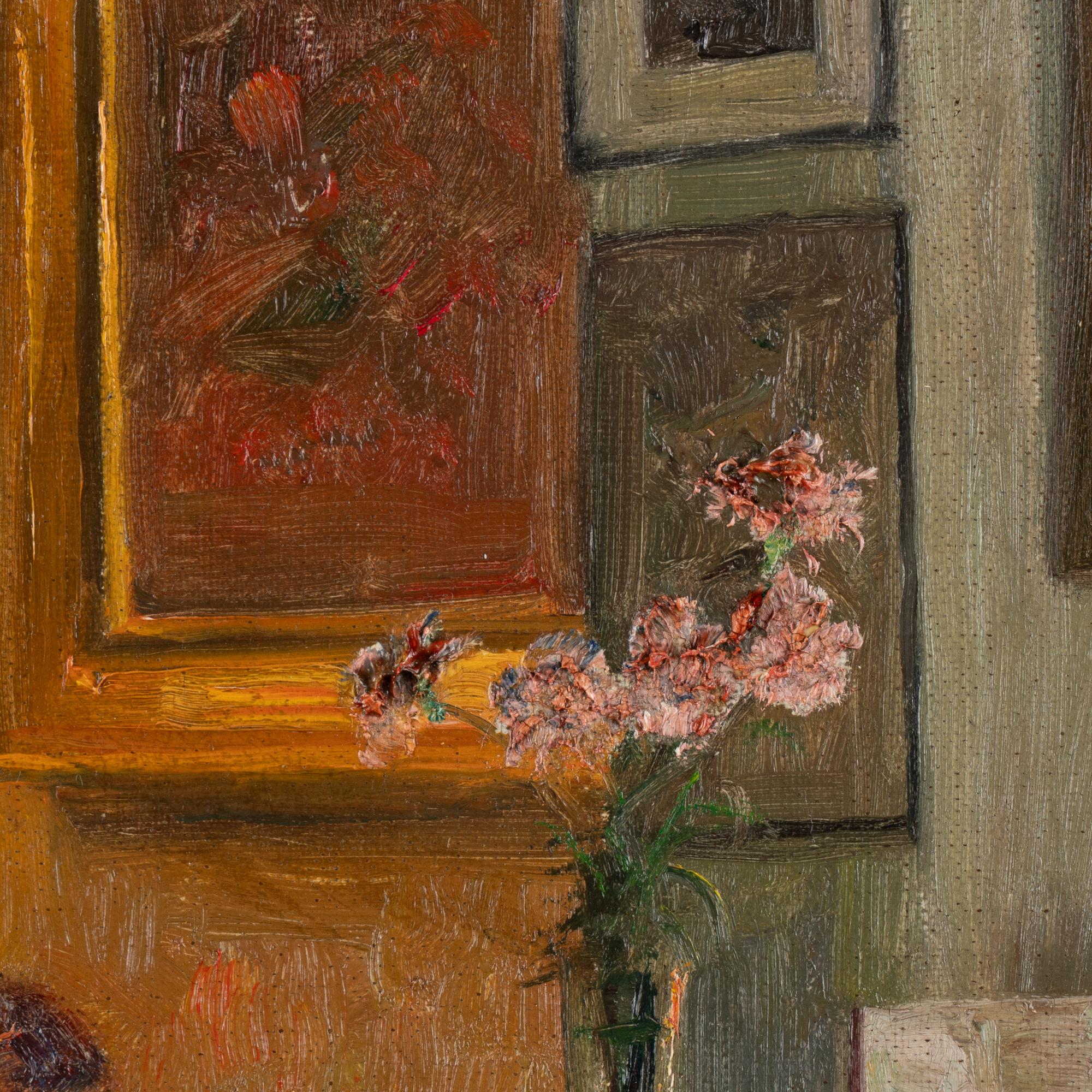 Oil on Canvas Painting of Woman Reading by Lamp, Signed dated Robert Pan '37 4