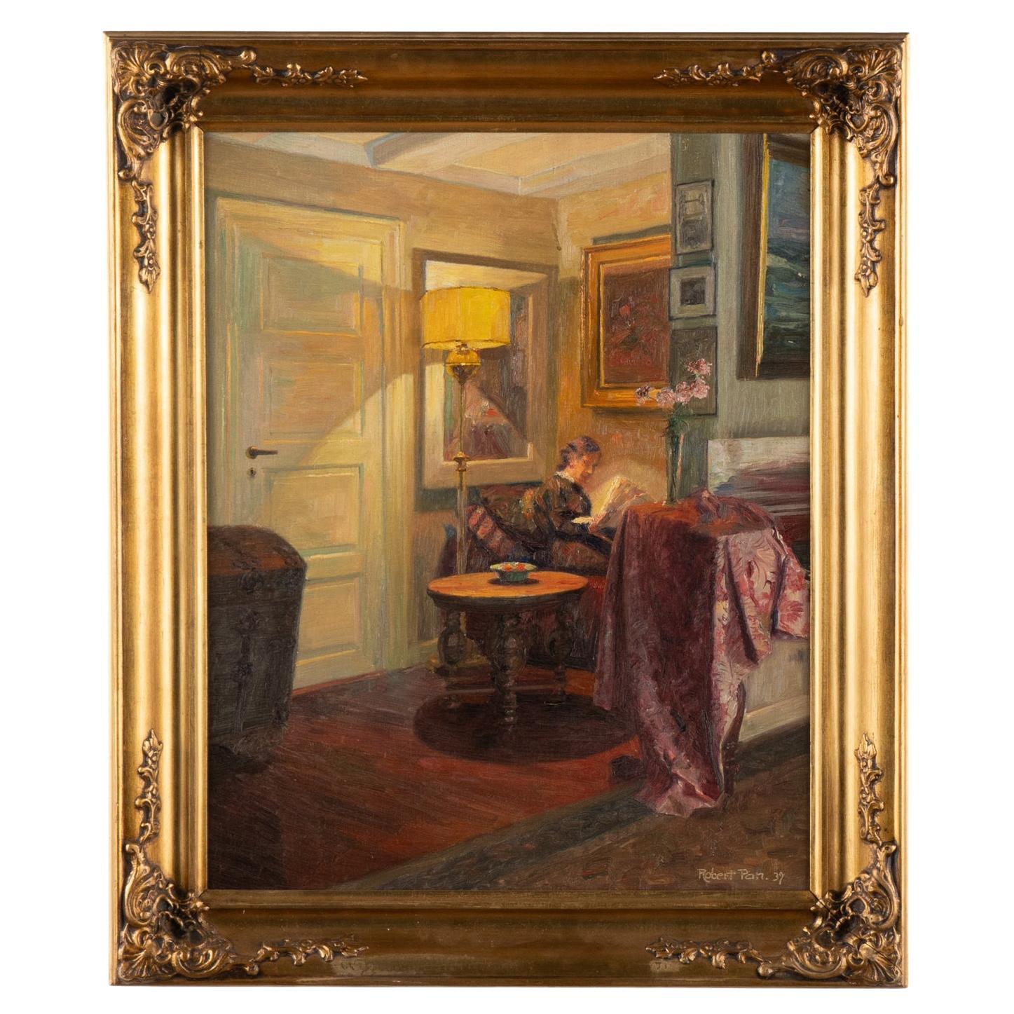 Oil on Canvas Painting of Woman Reading by Lamp, Signed dated Robert Pan '37
