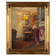 Oil on Canvas Painting of Woman Reading by Lamp, Signed dated Robert Pan '37