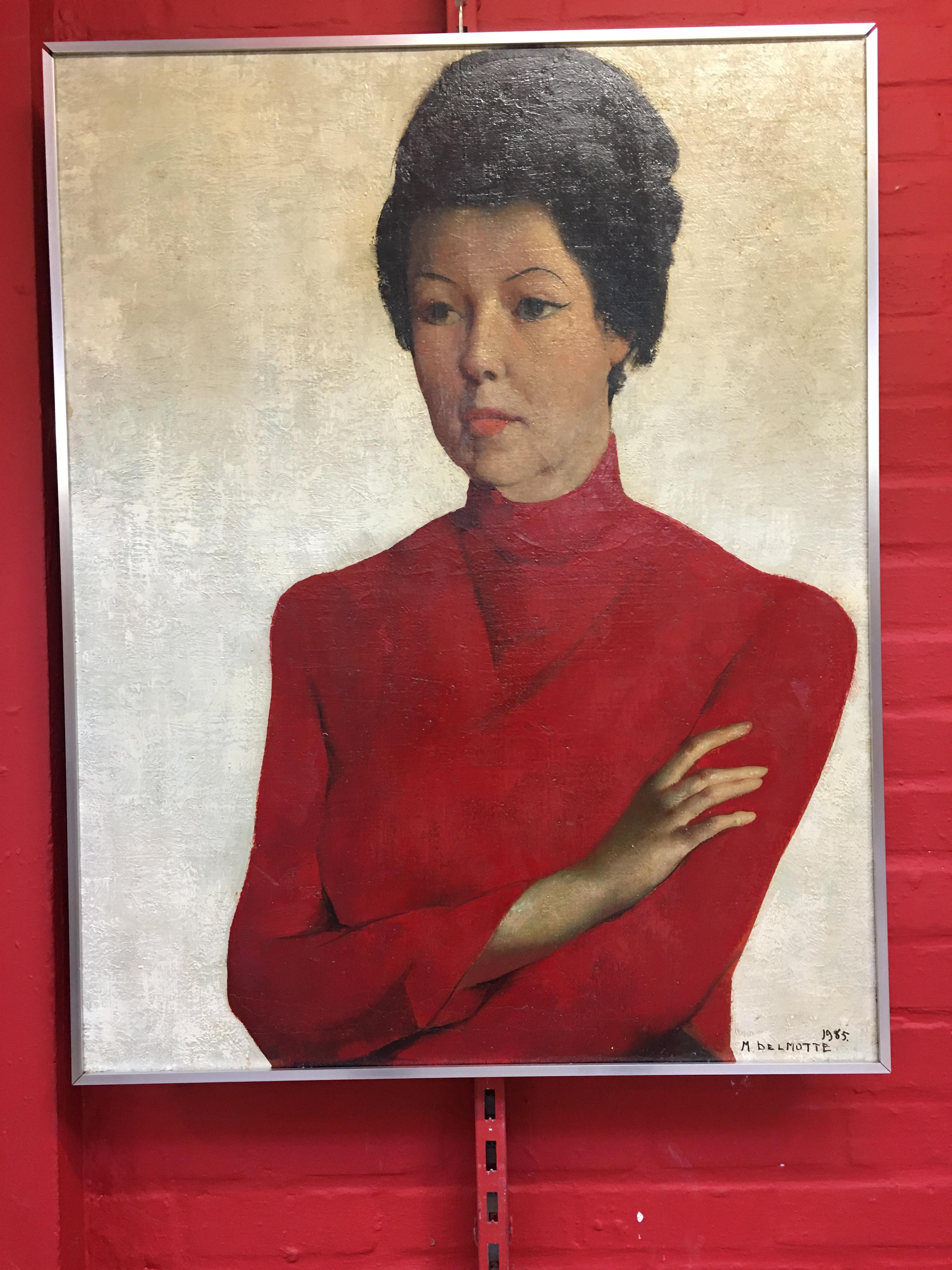 Moderne Huile sur toile « portrait de Mady en rouge » Delmotte Marcel, 1965