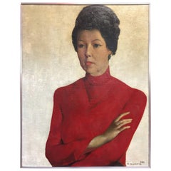 Oil on Canvas Painting "portrait de Mady en rouge" Delmotte Marcel, 1965