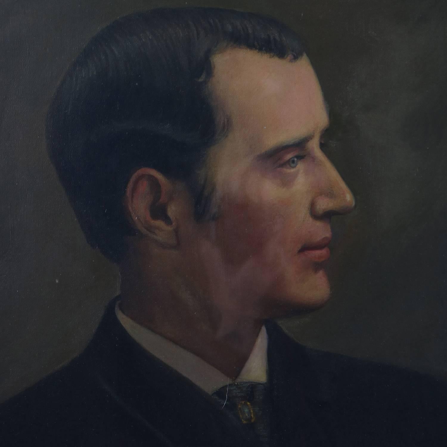 Antique oil on canvas profile painting portrait in profile of stately gentleman in suit and turquoise bolo tie, anonymous, seated in foliate giltwood frame with protective glass, circa 1910

Measures: 38.5