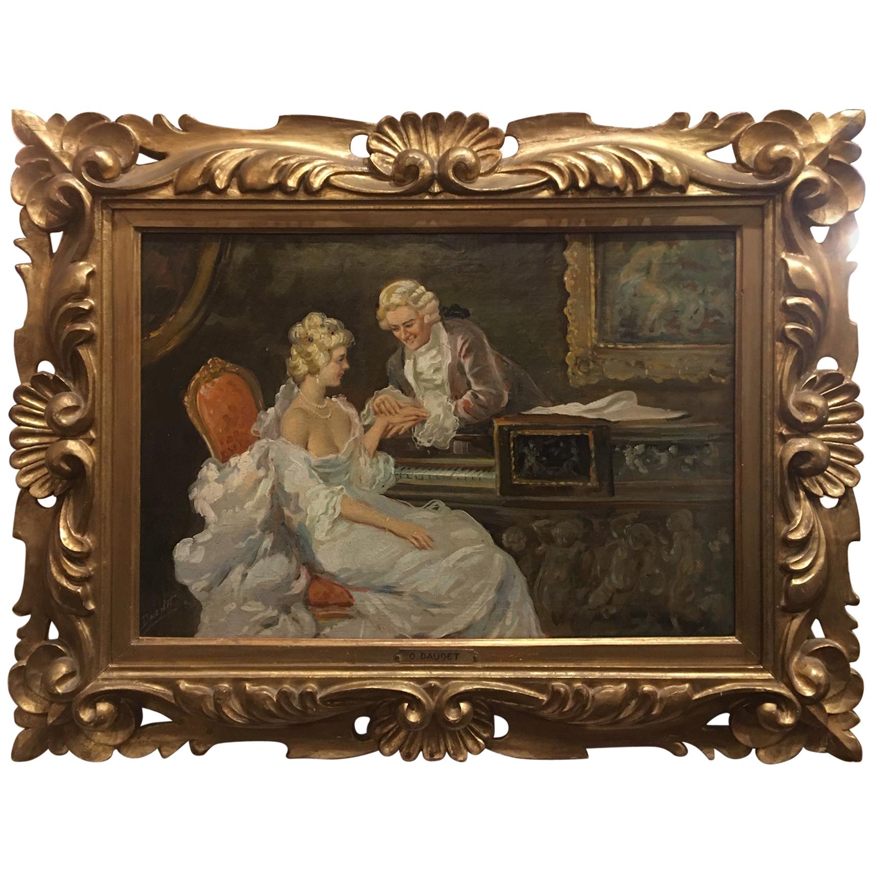 Oil on Canvas Painting "Romance Scene" Signed O. Daudet, Late 19th Century