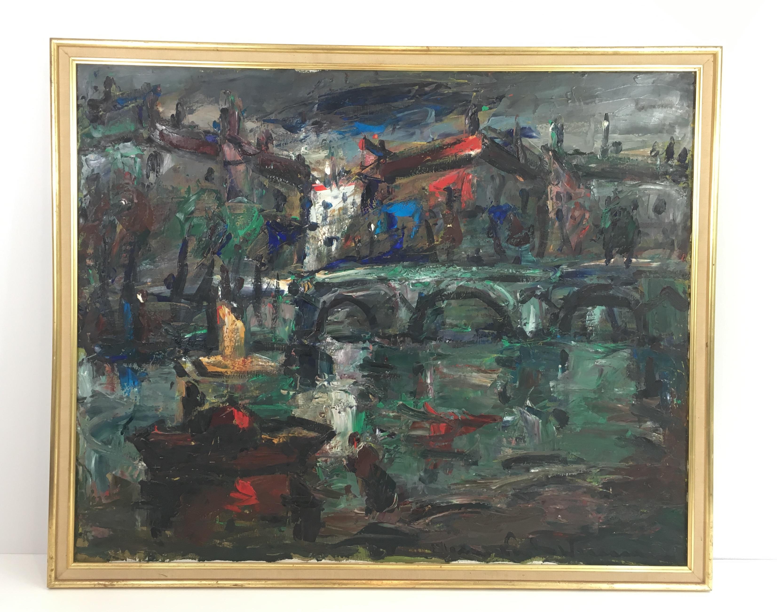 Dieses Gemälde ist ein Öl auf Leinwand. Es stellt kleine Boote in der Nähe einer schönen Brücke an einem Fluss in einer französischen Stadt dar. Dieses Gemälde ist signiert. Es handelt sich um ein Werk aus der Zeit um 1960.