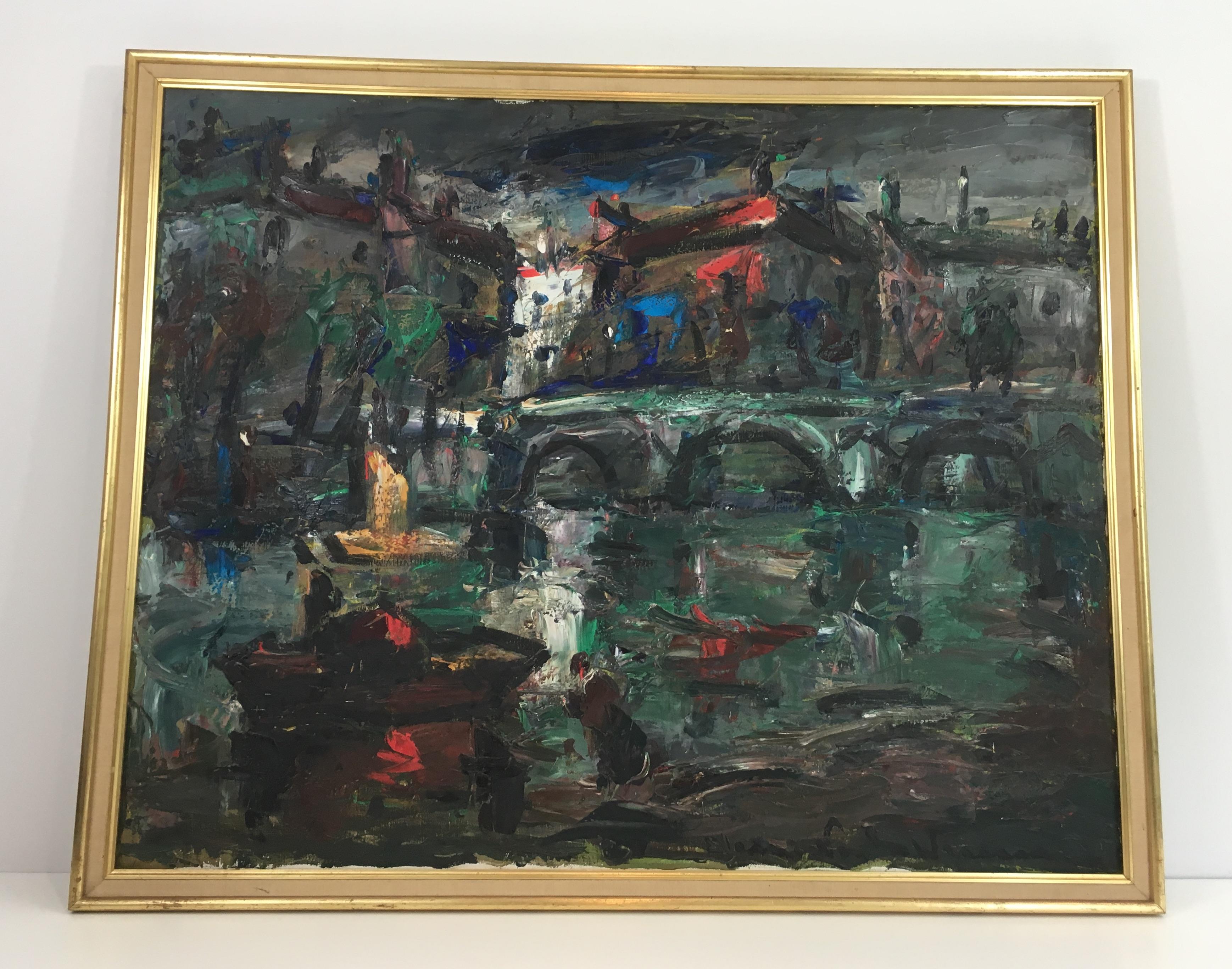 French Provincial Oil on Canvas Painting, Signed, circa 1960 For Sale