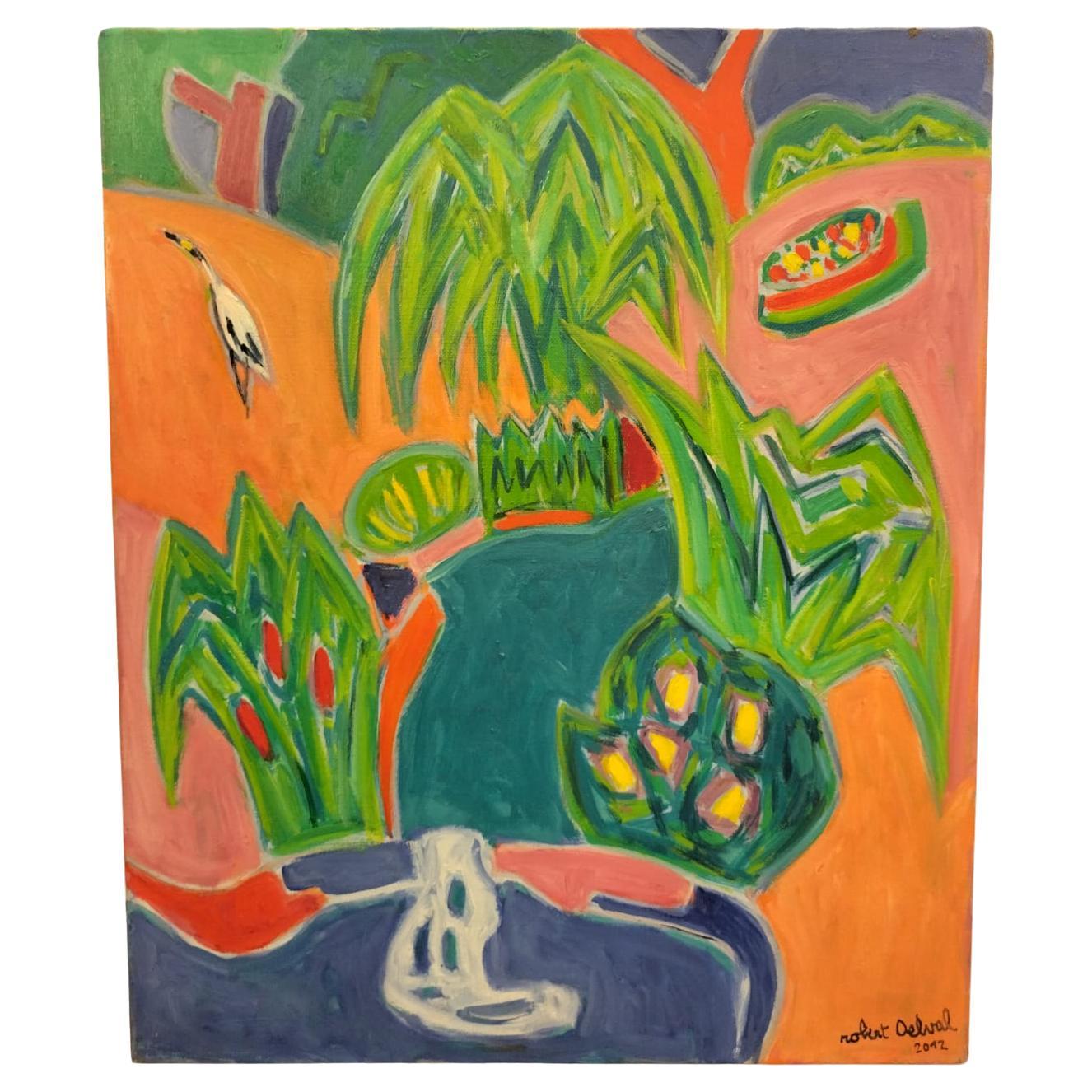Peinture à l'huile sur toile « Square des Batignolles » de Robert Delval (1934-)