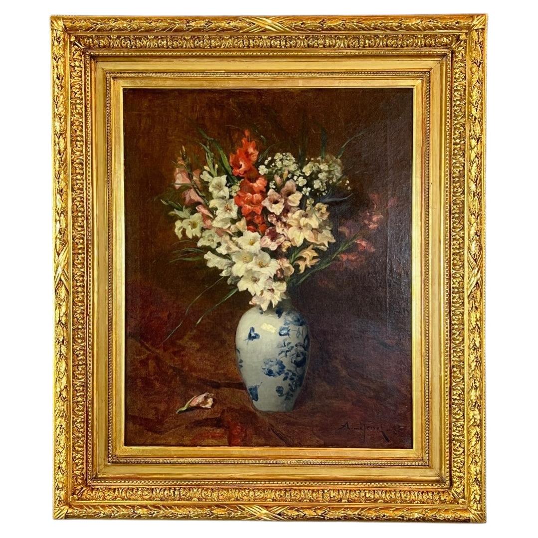 Oil On Canvas Painting Still Life With Flowers, Aimé Perret (1846-1927)