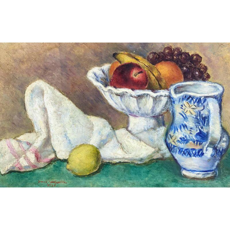 Oil on canvas painting - still life with lemon by Simka Simkhovitch, 1930

Simka Simkhovitch (Russian 1893-1949) oil on canvas- Still Life with Lemon, 1930. The paintint depicts a tazza filled with a banana, grapes, an orange, and an apple. One