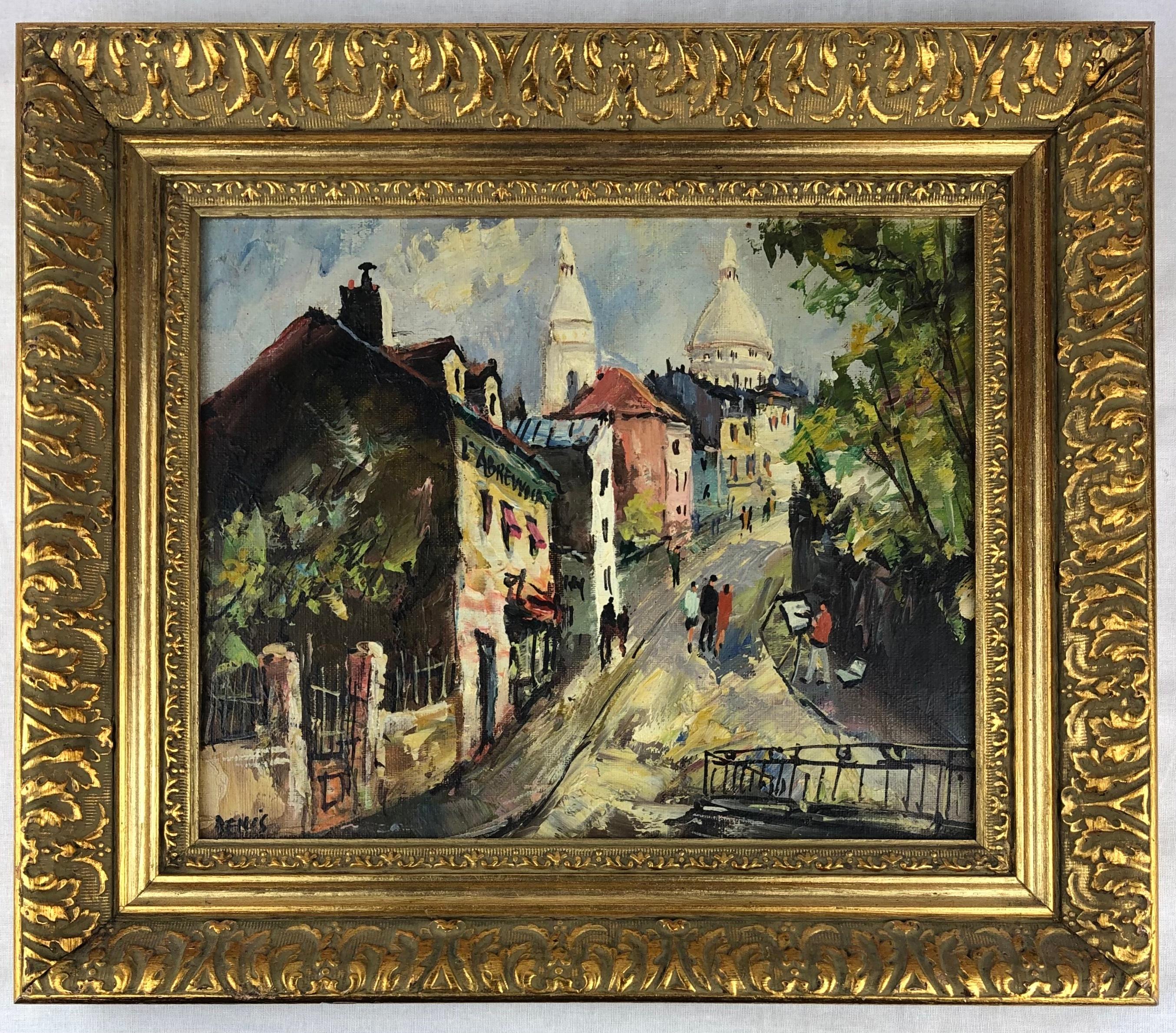 French Oil on Canvas Painting Streets of Montmartre Paris France Signed  For Sale 1
