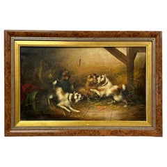 Oil on Canvas Painting, "Terriers Playfully Fighting" by Frank Cassell
