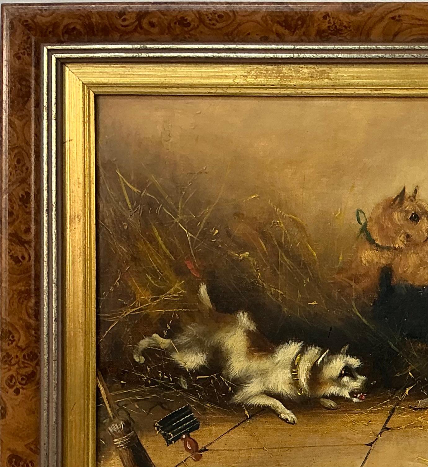 Olio su tela (rilegato) del XIX secolo di Frank Cassell, raffigurante un gruppo di terrier impegnati nella caccia ai topi all'interno di un fienile rustico. Cassell era noto per i suoi dipinti di animali, in particolare per le scene di terrier,