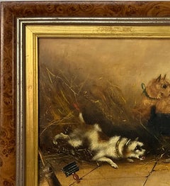 Oil on Canvas Painting, "Terriers Ratting in a Barn" by Frank Cassell