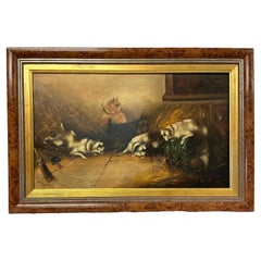 Oil on Canvas Painting, "Terriers Ratting in a Barn" by Frank Cassell