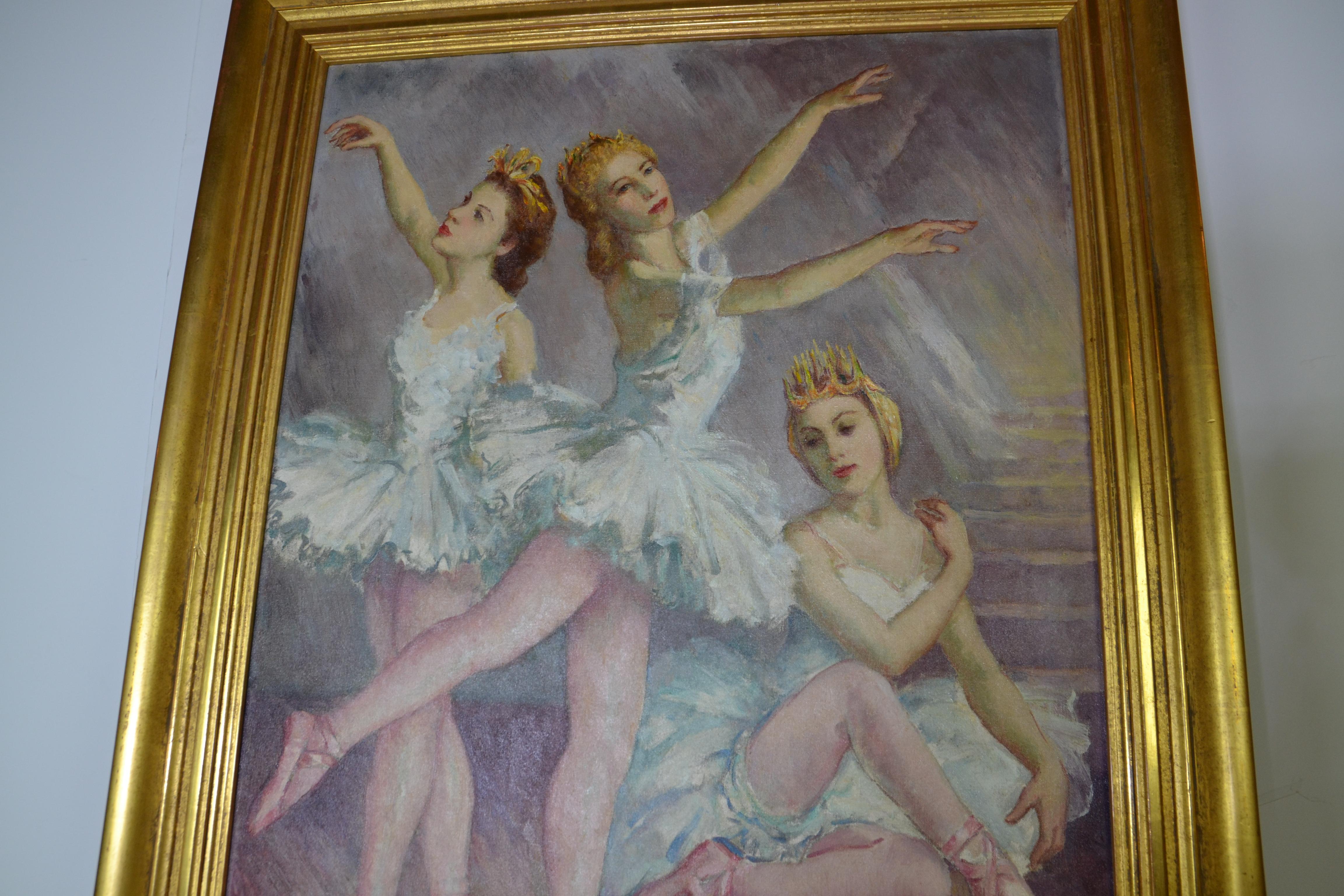 A large oil on canvas painting of Ballet Dancers. Heavy gilt-wood frame. Signed M. Askenazi.