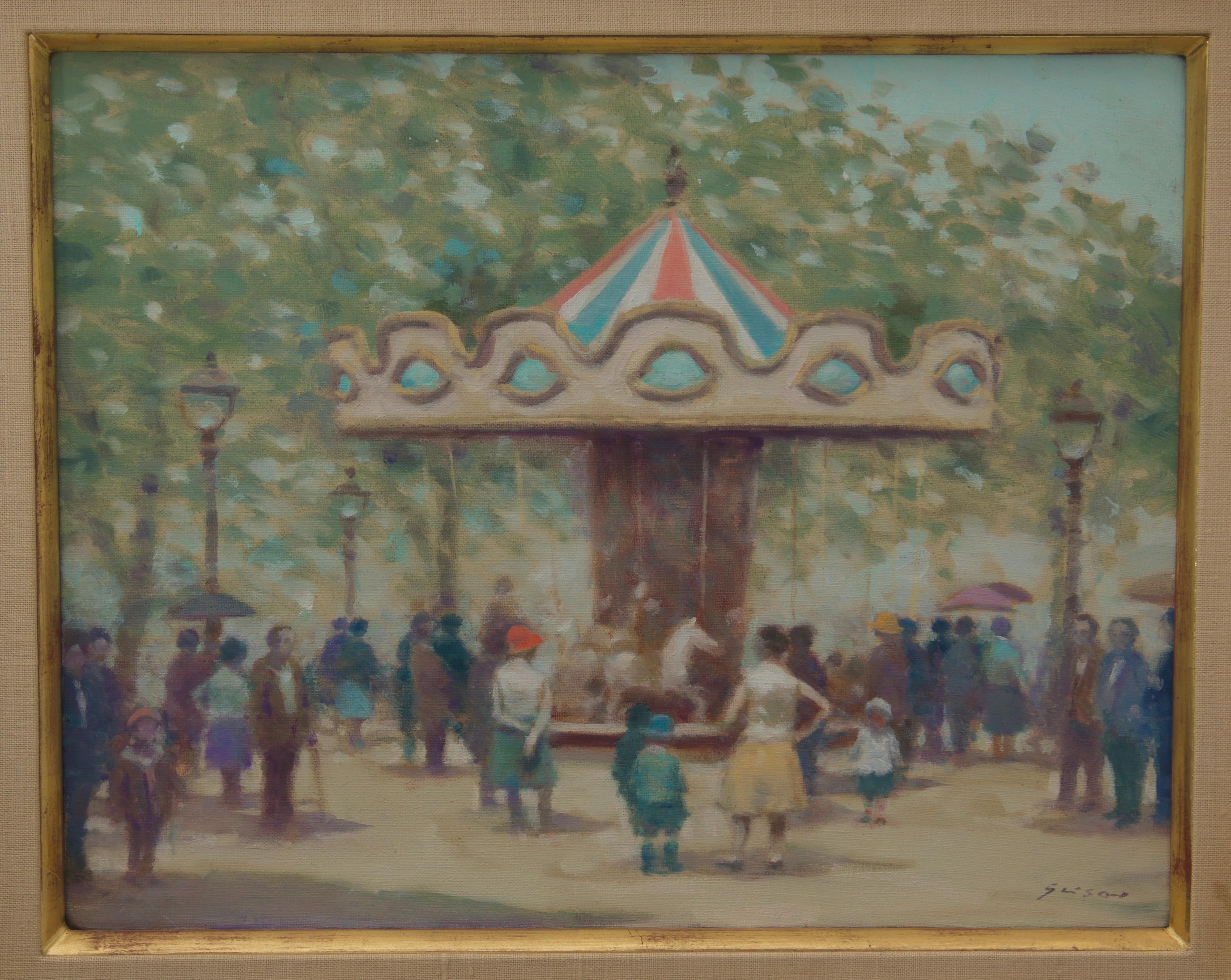 This stylish and charming painting was recently acquired from a Palm Beach estate and was created by the American painter Andre Gisson. Here the artist has captured a hazy day in Paris, France with the Louvre carousel. 

The frame is finished in 18K