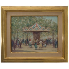 Peinture à l'huile sur toile intitulée "Carousel du Louvre ".