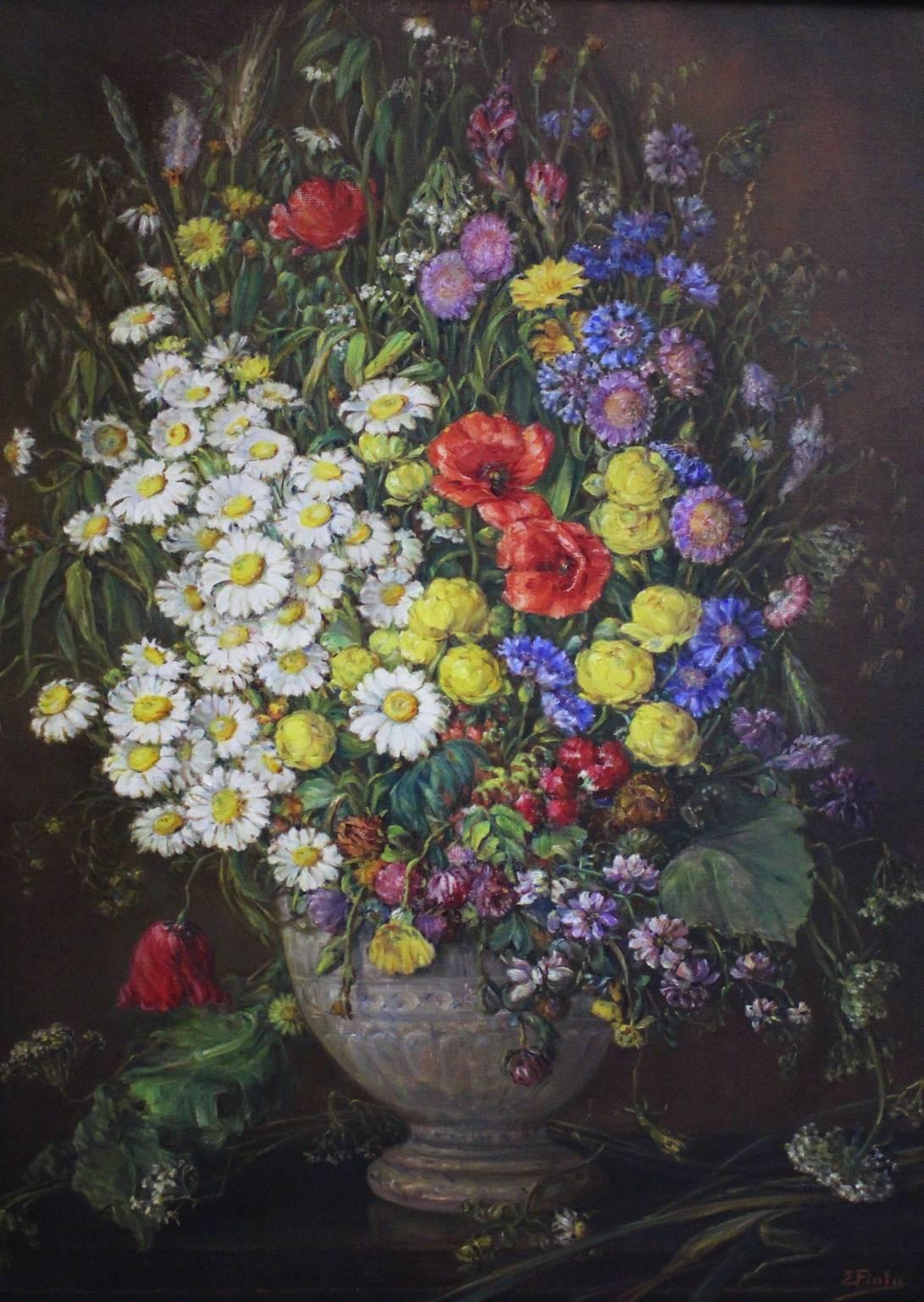 Art Deco oil on canvas painting motif wildflowers by Emil Fiala 1930s, Austria.
This presented oil on canvas painting by Emil Fiala shows a motif with wildflowers.
This stunning painting is set in a golden frame and shows the signature by the artist