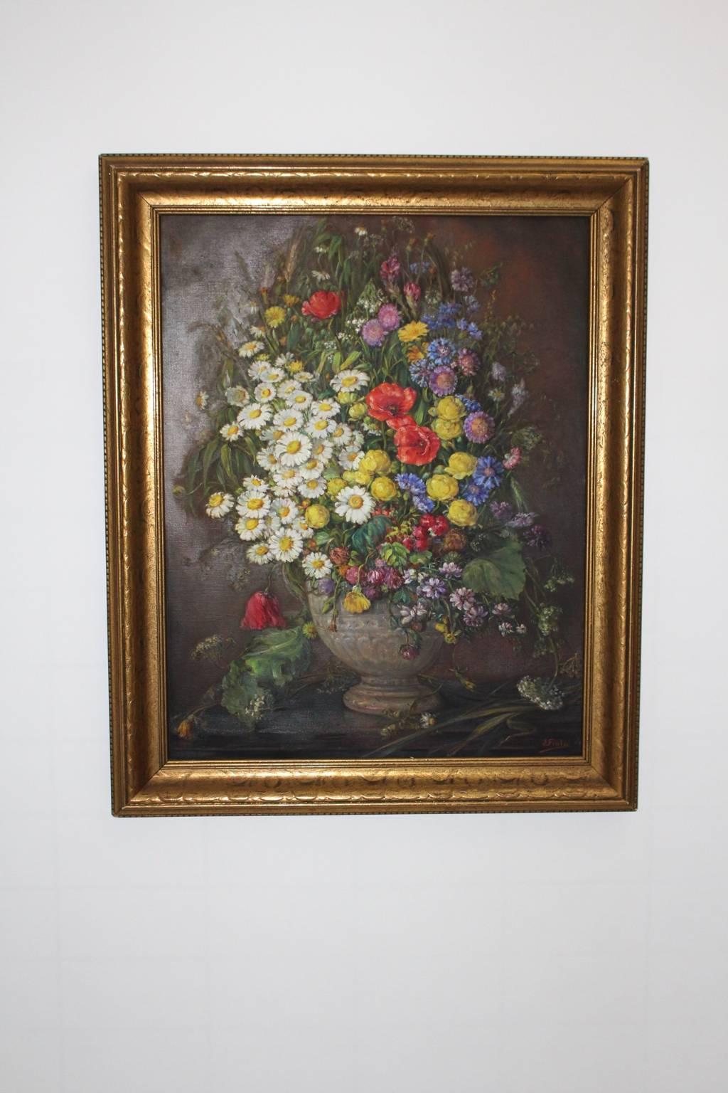 Peinture à l'huile sur toile de l'ère Art déco - Fleurs sauvages par Emil Fiala Vienne, années 1930 Bon état - En vente à Vienna, AT