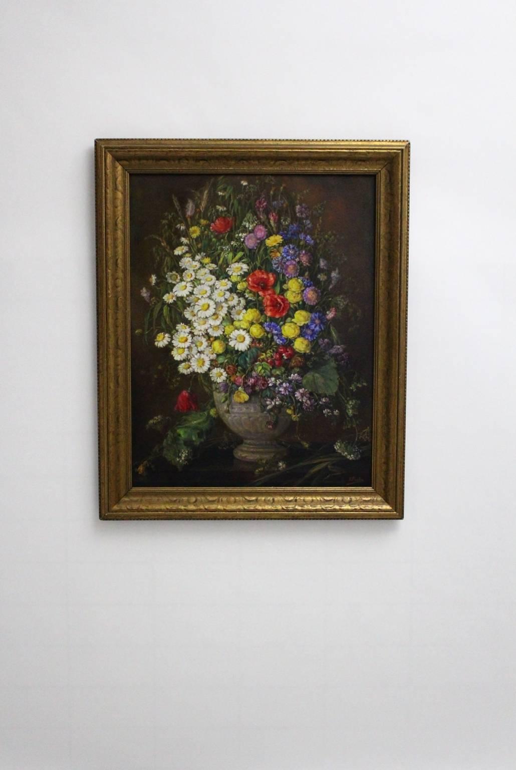 Mid-20th Century Art Deco Era Oil on Canvas Painting Wildflowers by Emil Fiala Vienna, 1930s For Sale