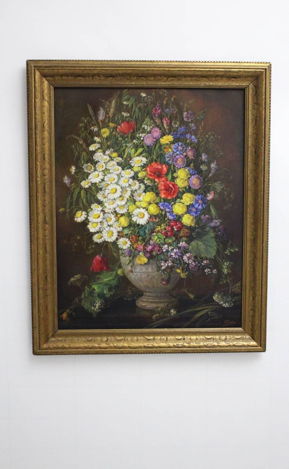 Art Deco Era Oil on Canvas Painting Wildflowers by Emil Fiala Vienna, 1930s For Sale 1