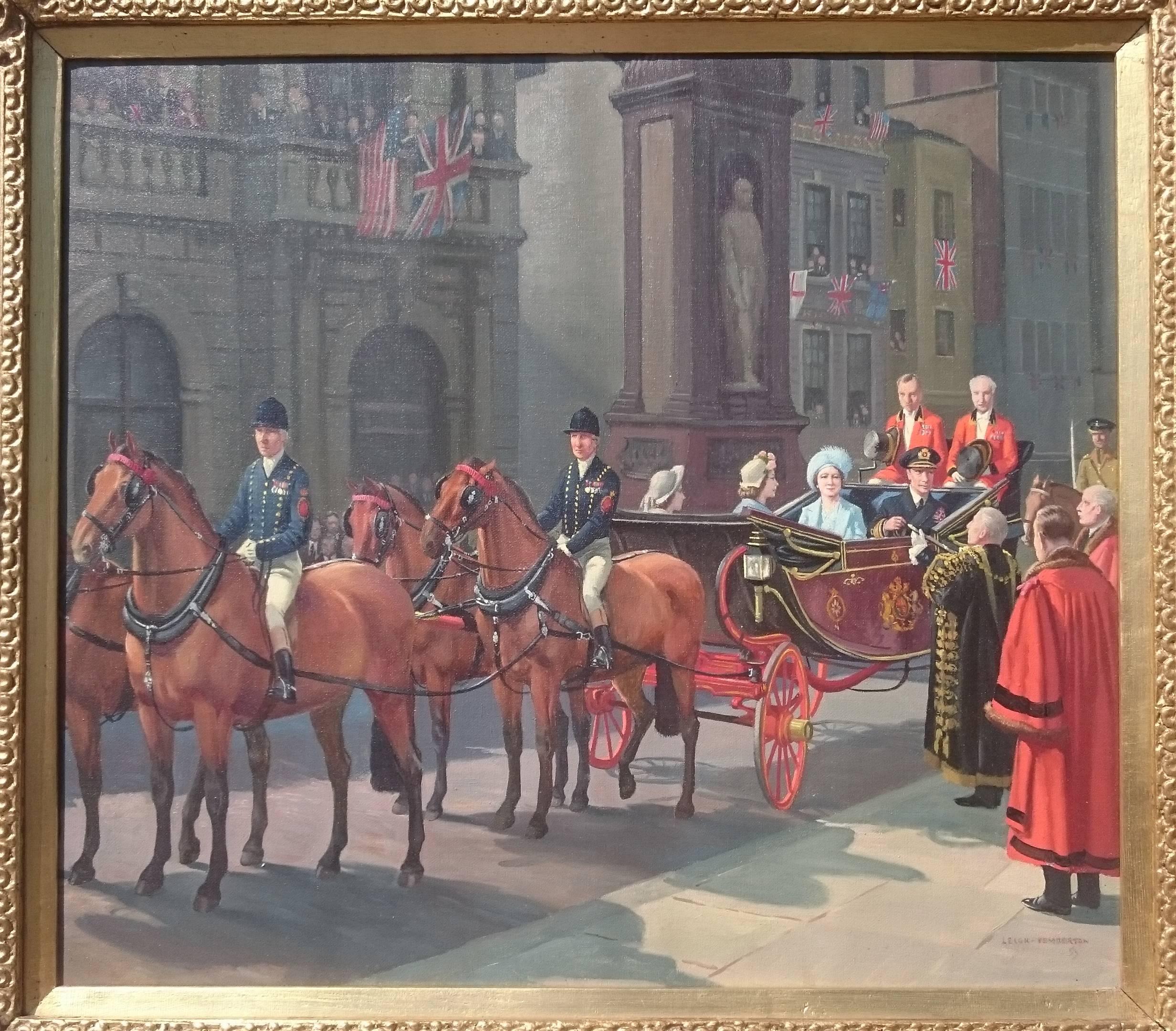 European Oil on Canvas Painting, the VE Celebrations, Royal Family at Temple Bar, London For Sale
