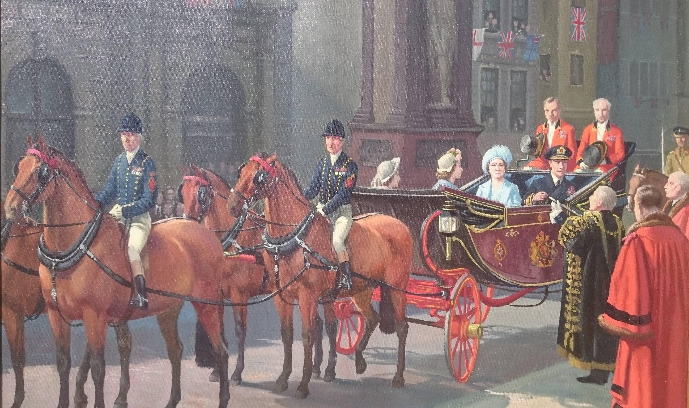 Oil on Canvas Painting, the VE Celebrations, Royal Family at Temple Bar, London In Excellent Condition For Sale In Gloucestershire, GB