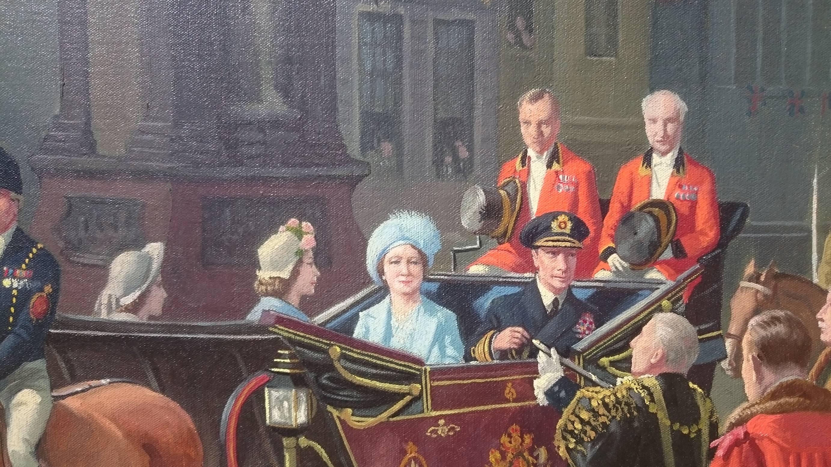 Mid-20th Century Oil on Canvas Painting, the VE Celebrations, Royal Family at Temple Bar, London For Sale