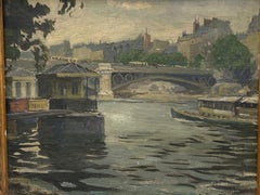 Huile sur toile Paris Barges par Louis P.C., c.1900, 20e siècle
