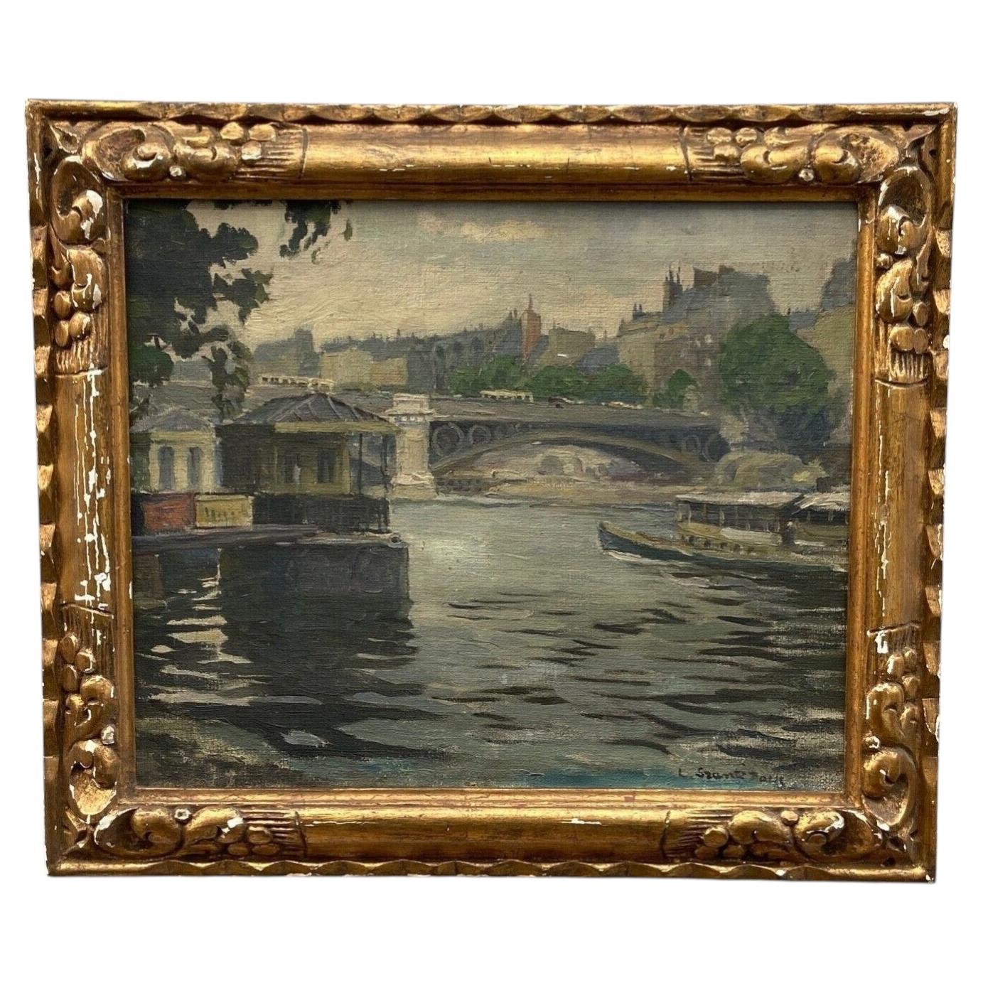 Oil on Canvas Paris Barges by Louis P. Szanto, c.1900, 20th Century