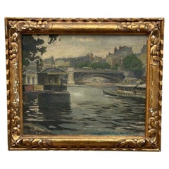 Huile sur toile Paris Barges par Louis P.C., c.1900, 20e siècle