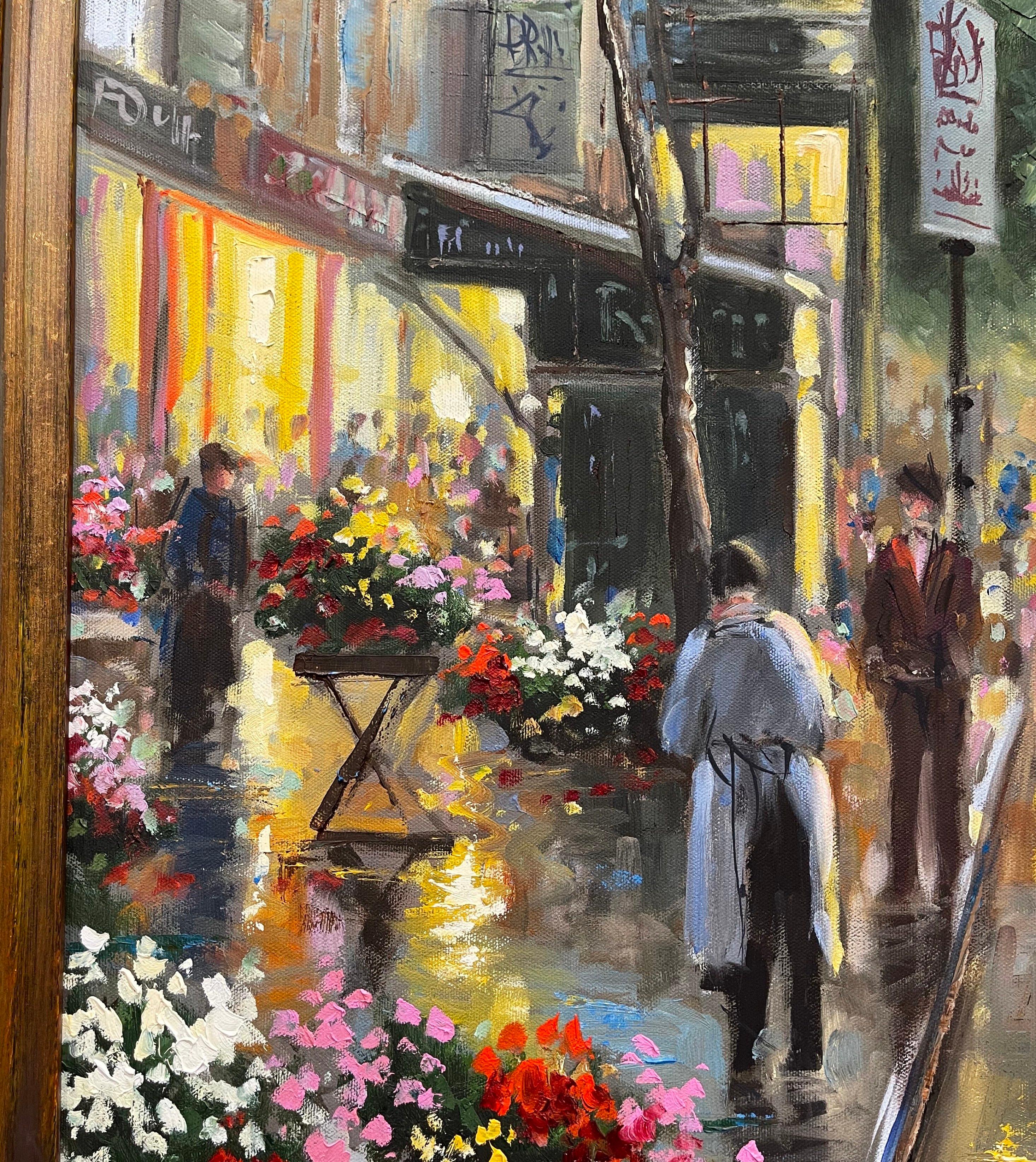 Oil on Canvas Parisian Street Painting in Carved Gilt Frame Signed J. Sambataro In Excellent Condition In Dallas, TX