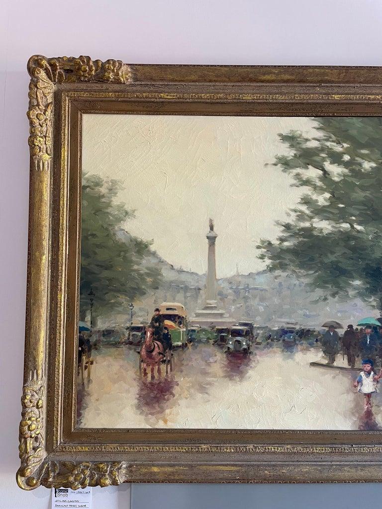 This stylish and chic oil on canvas painting of a stylized, Parisian street scene, dates to the 1950s-1960s and was painted by the American impressionist painter Andre Gisson. 

Note: André Gisson (b1929 d2003) was an American Impressionist