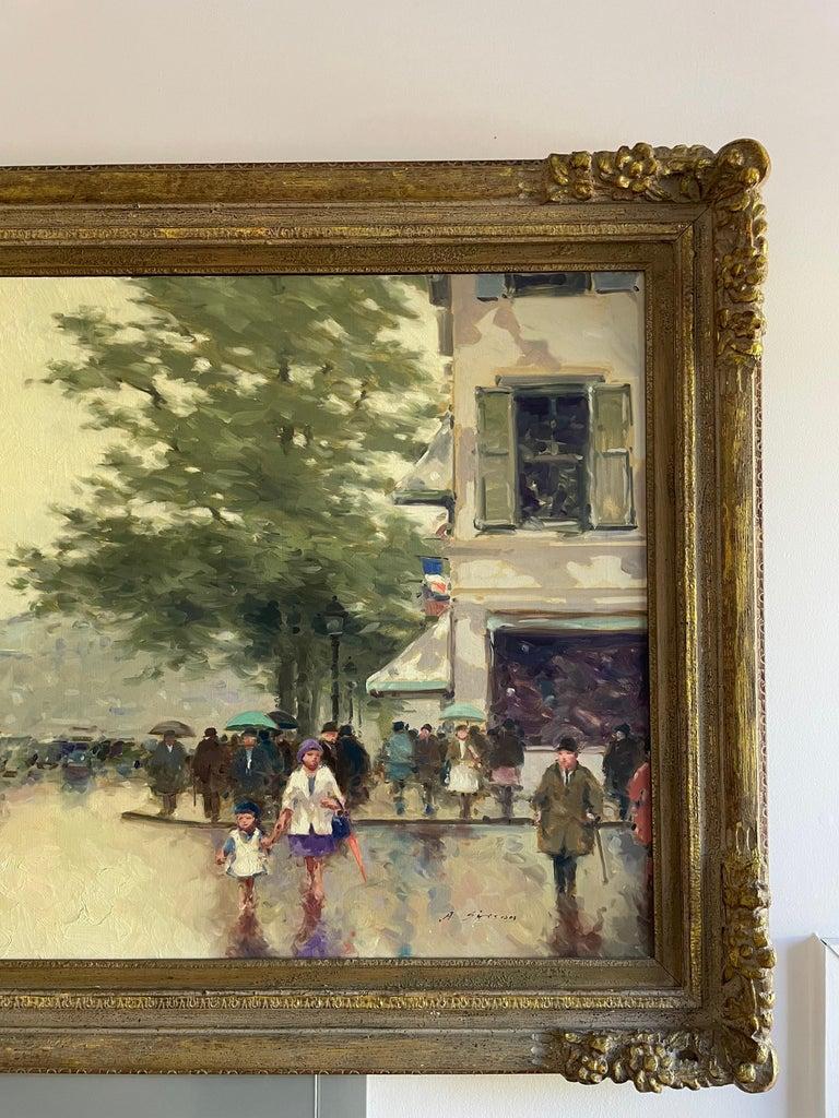 Romantic Oil on Canvas Parisian Street Scene by Andre Gisson
