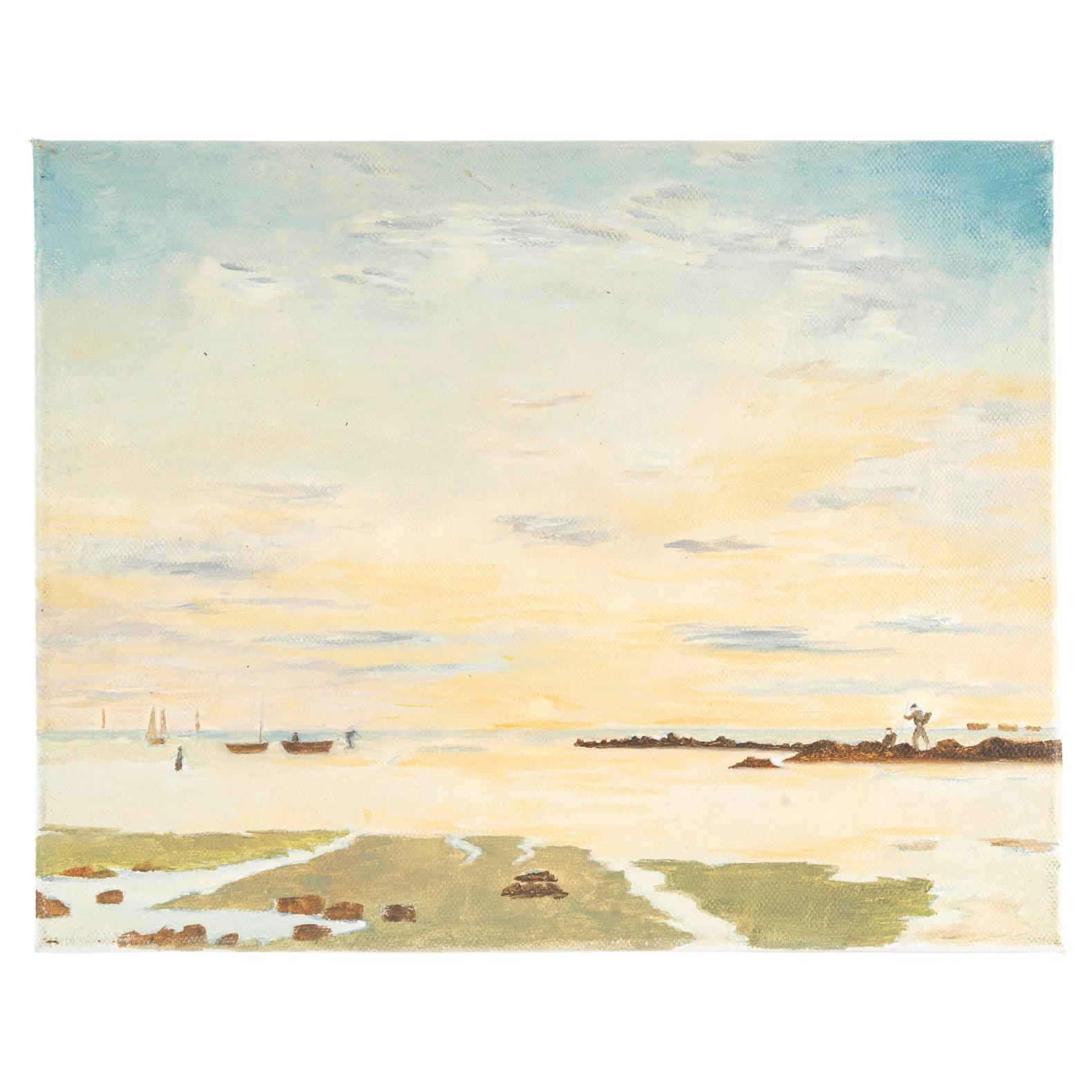 Oil on Canvas, Poil Painting, seaside, Unsigned, 20th Century. For Sale