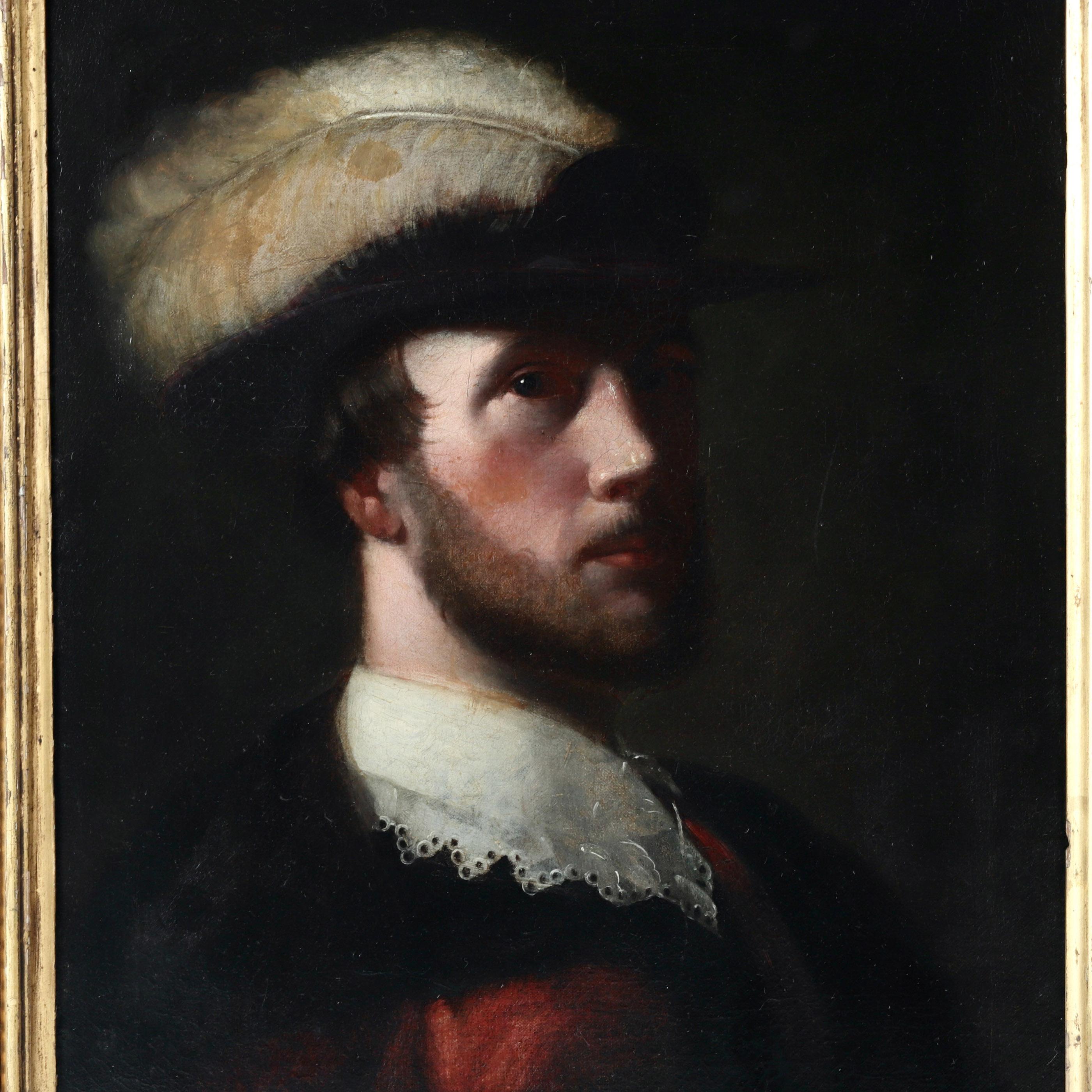 OIL ON CANVAS PORTRAIT Follower of Rembrandt Van Rijin (1606 -1669)
A well executed 18th century portrait study of a young military man, in formal dress with a feather plume.
