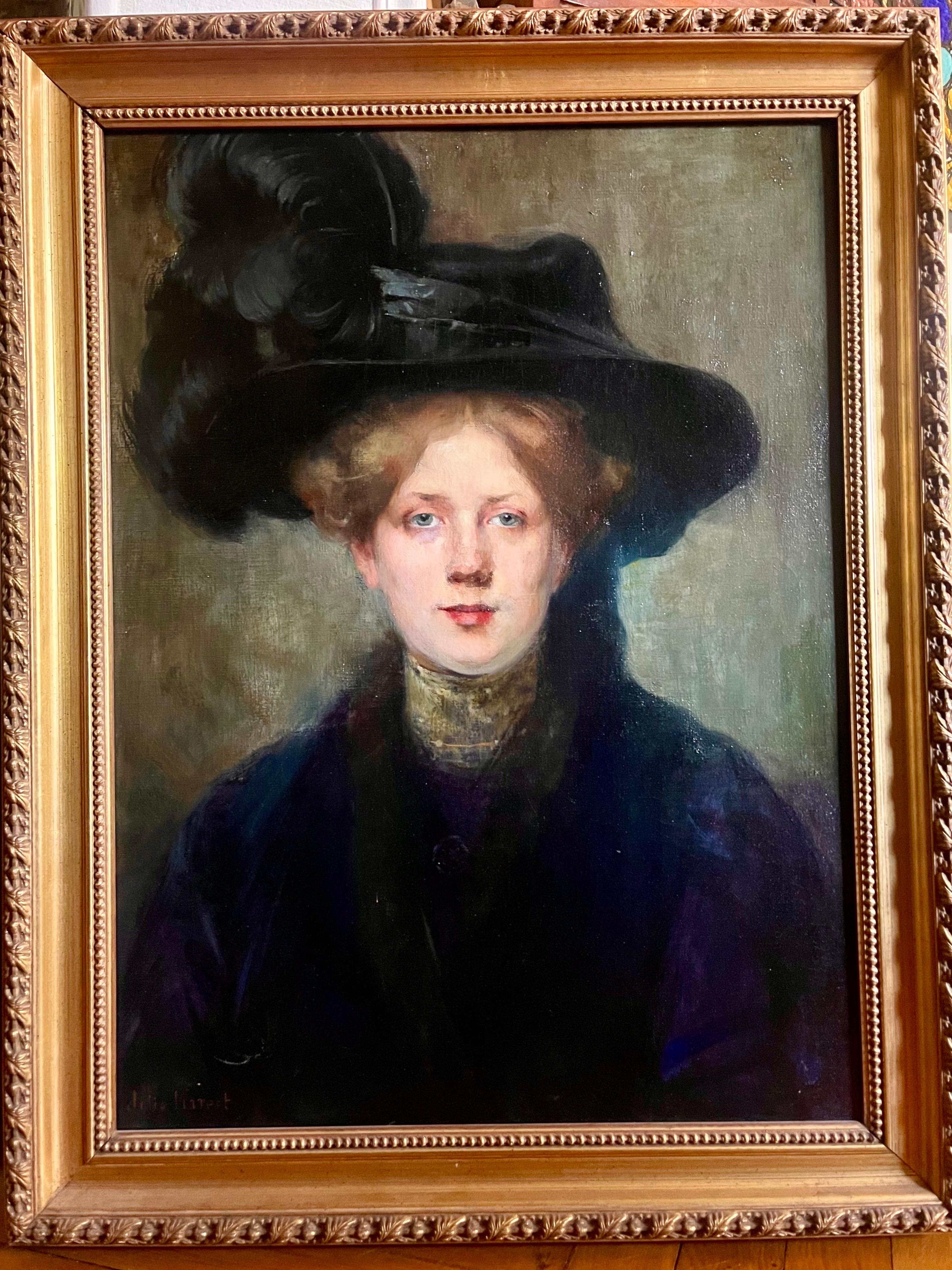 Oil on canvas, Portrait Mademoiselle With a Hat 19th France Signed Julie Marest For Sale 4