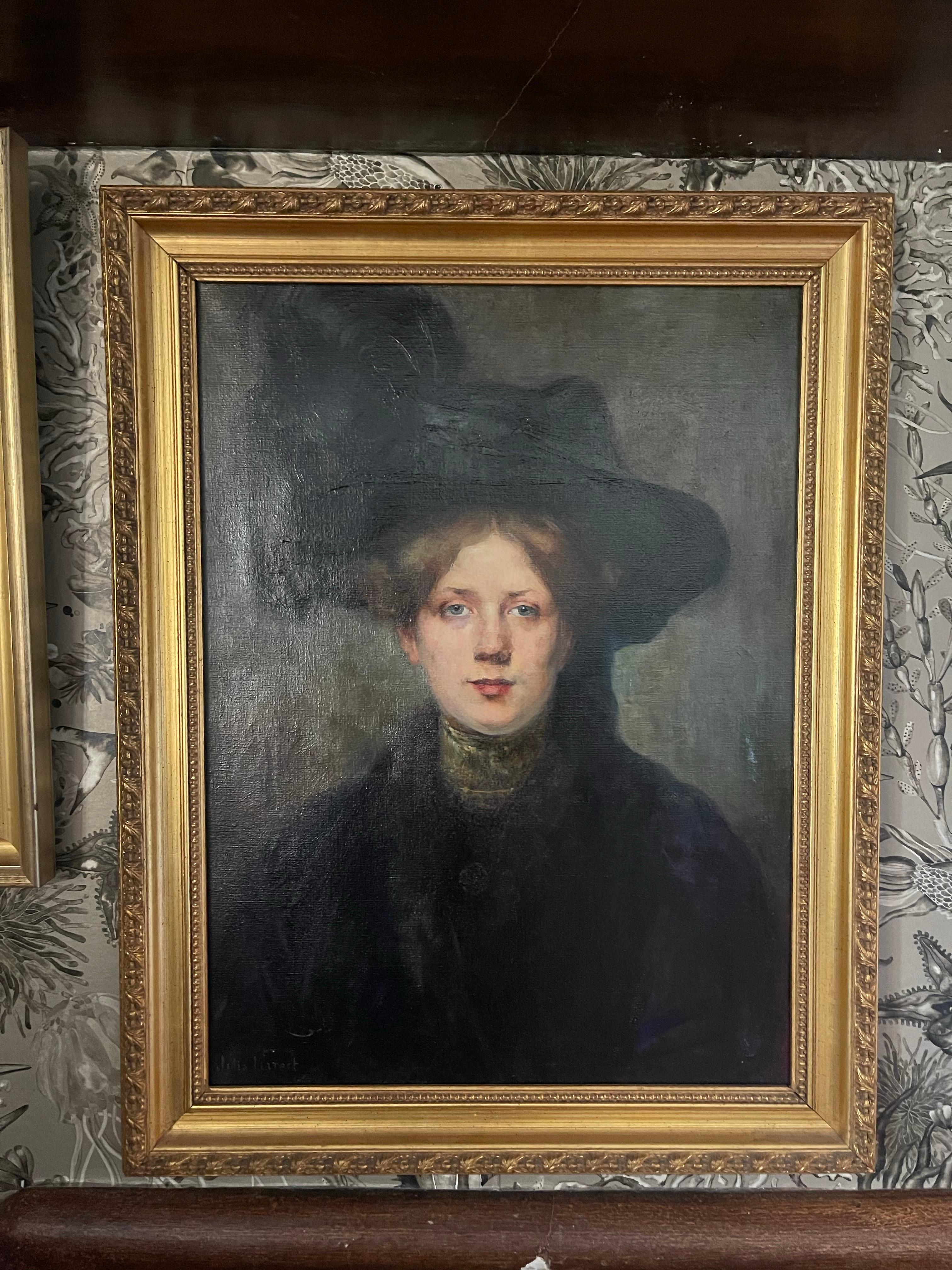 Oil on canvas, Portrait Mademoiselle With a Hat 19th France Signed Julie Marest For Sale 5