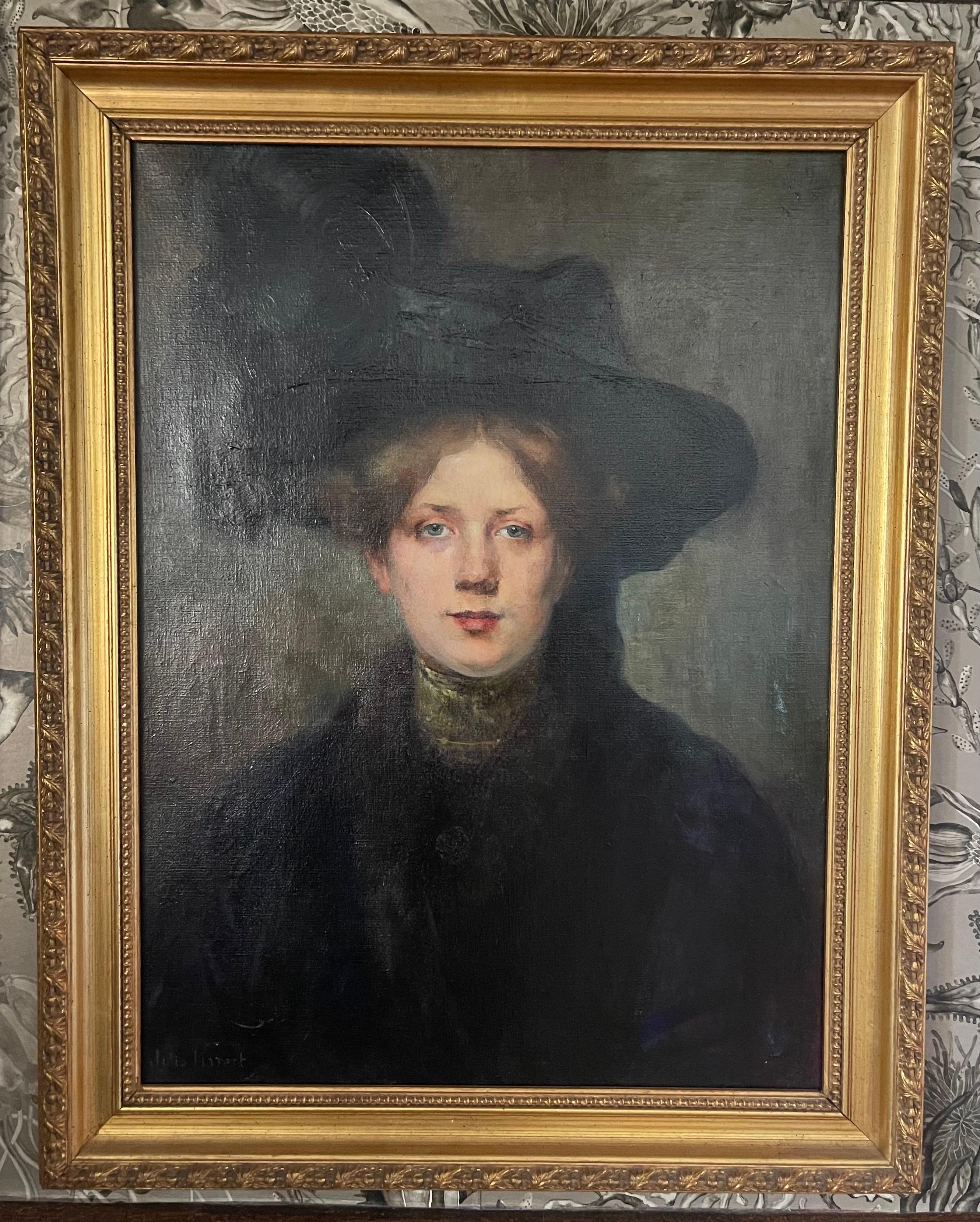 Oil on canvas, Portrait Mademoiselle With a Hat 19th France Signed Julie Marest For Sale 6