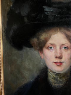 Oil on canvas, Portrait Mademoiselle With a Hat 19th France Signed Julie Marest
