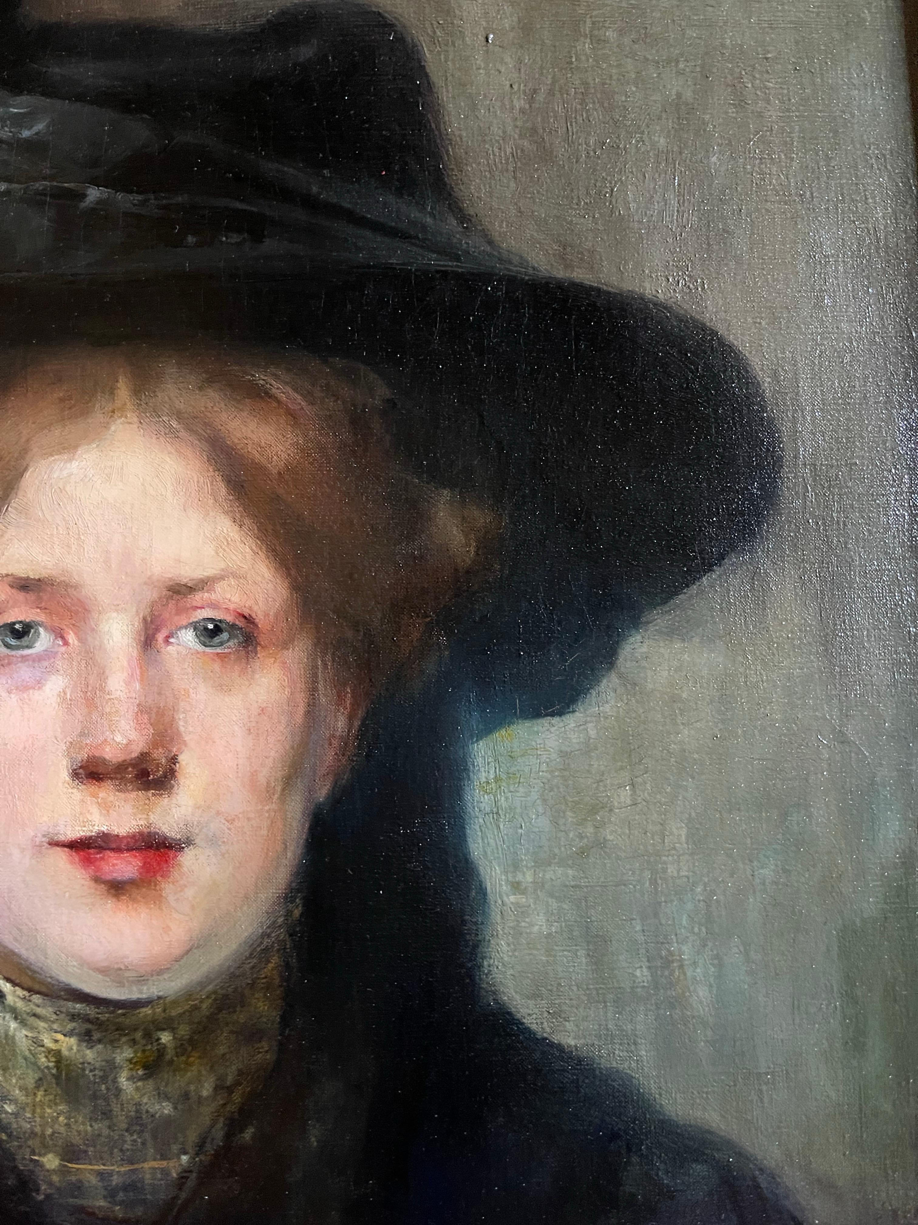 French Oil on canvas, Portrait Mademoiselle With a Hat 19th France Signed Julie Marest For Sale